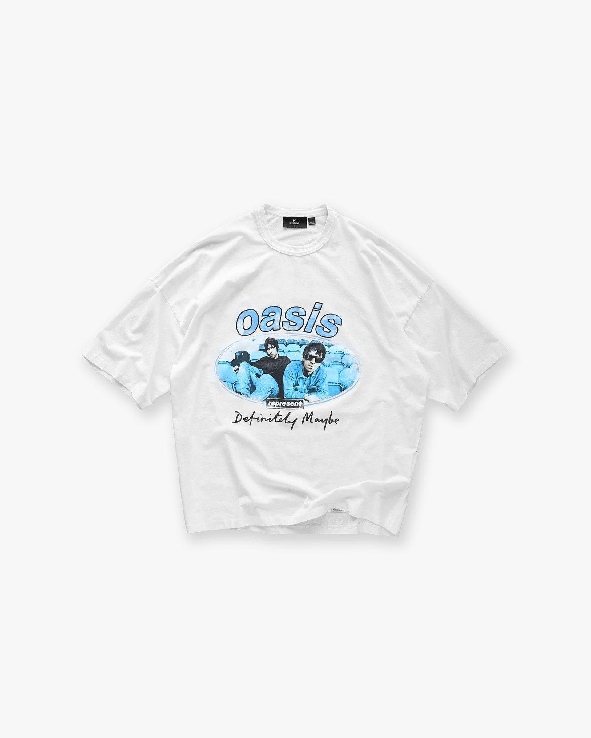 Front product image of a mens white t-shirt on a plain white background | Represent X Oasis Maine Road T-Shirt in Flat White | Slightly oversized t-shirt with 3D masking tape effect | FW24 T-Shirts | Represent Clo