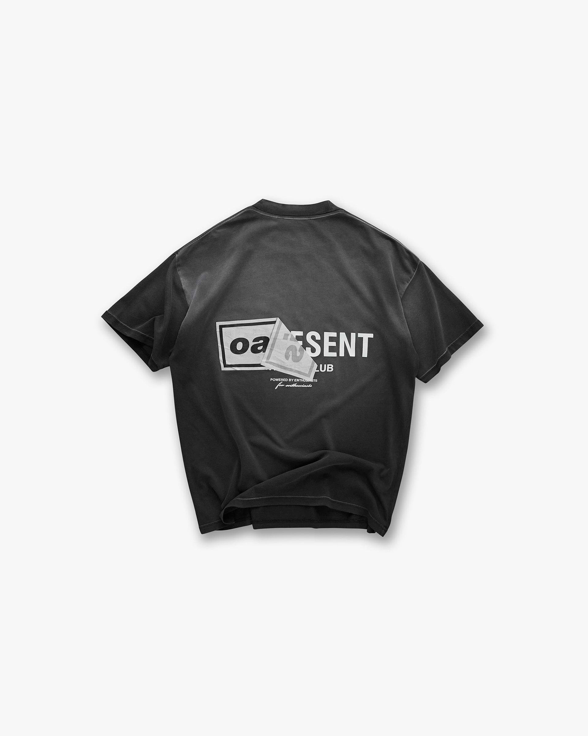 Back product image of a mens black t-shirt on a plain white background | Represent X Oasis Owners Club T-Shirt in Stained Black | Oversized t-shirt with dual logo print and fly postered artwork | FW24 T-Shirts | Represent Clo