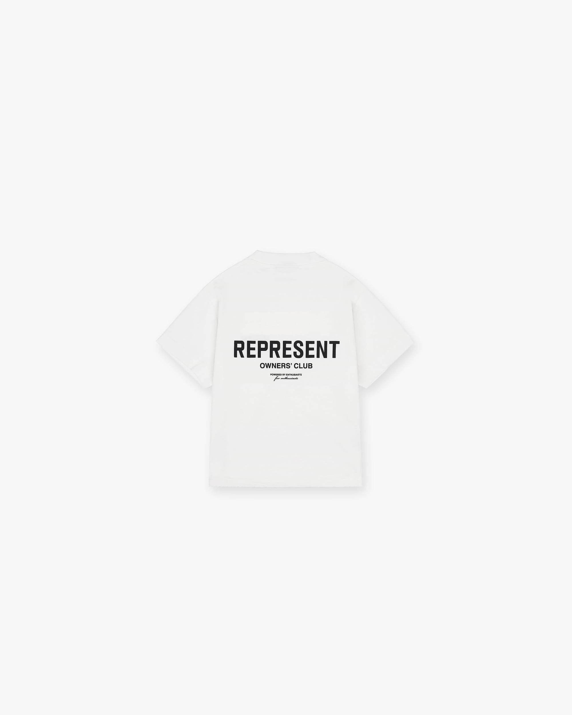Front product image of a kids white t-shirt on a plain white background | Represent Mini Owners Club T-Shirt in Flat White | Children's slightly oversized t-shirt | Owners Club T-Shirts | Represent Clo