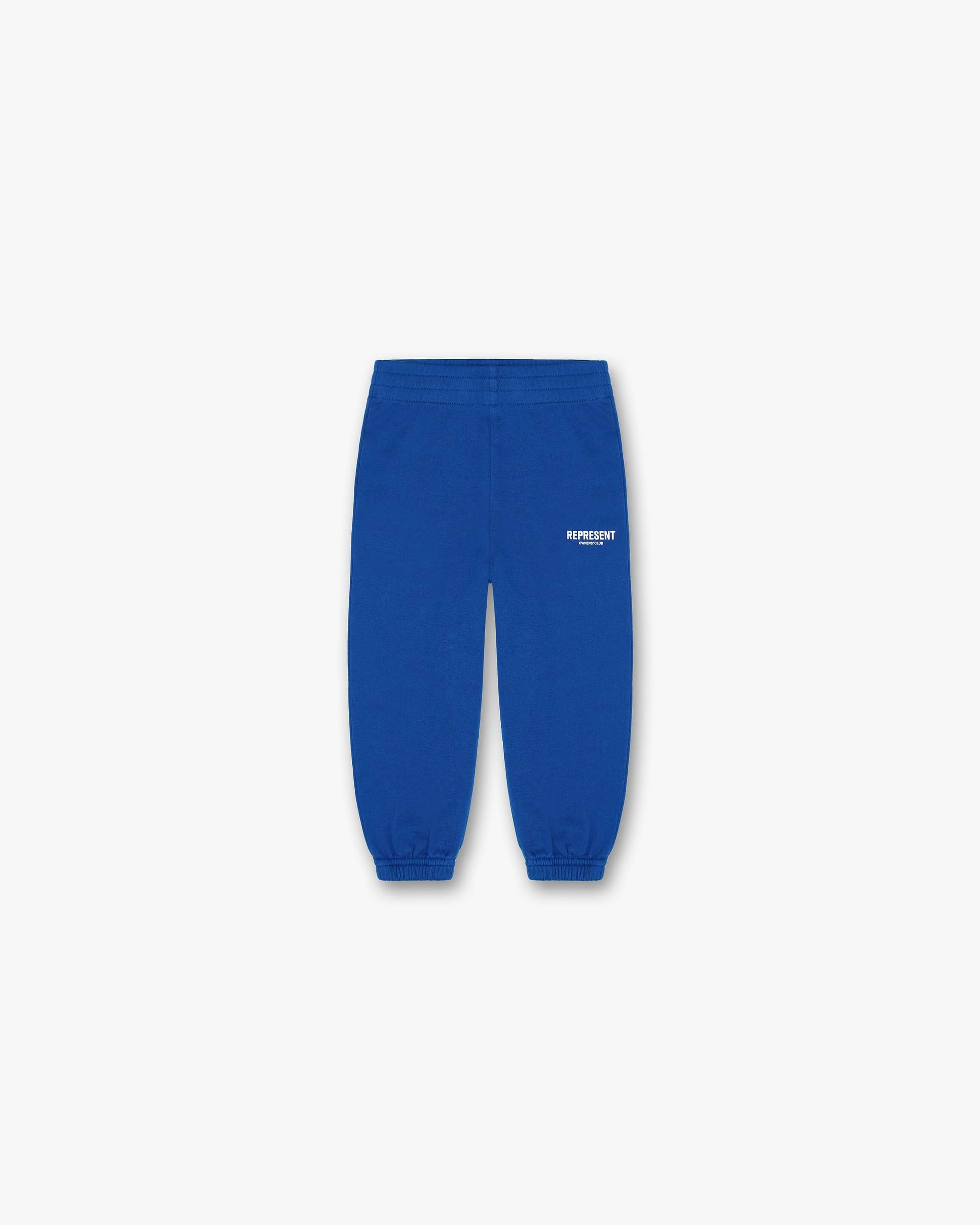 Front product image of a childs blue sweatpants on a plain white background | Represent Mini Owners Club Sweatpants in Cobalt | Kids sweatpants with comfortable fit | Owners Club Pants | Represent Clo