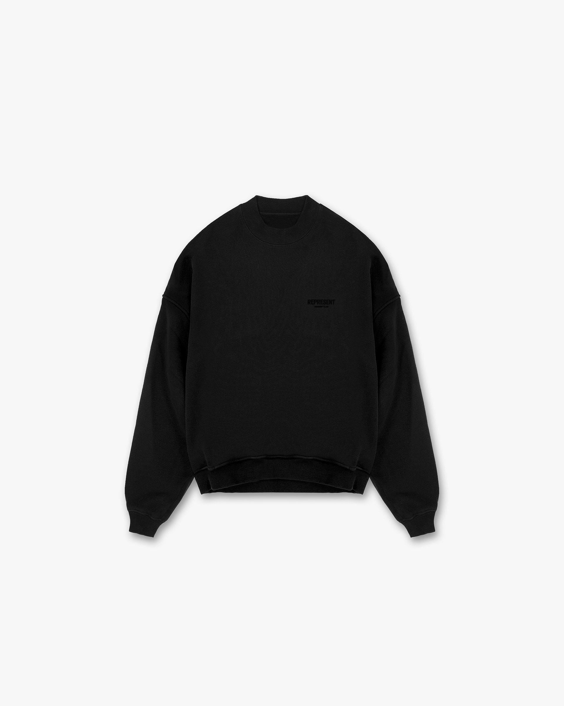 Back product image of a mens black sweater on a plain white background | Represent Owners Club Flocked Sweater in Black | Oversized sweater with flocked print and ribbed trims | Owners Club Sweaters | Represent Clo