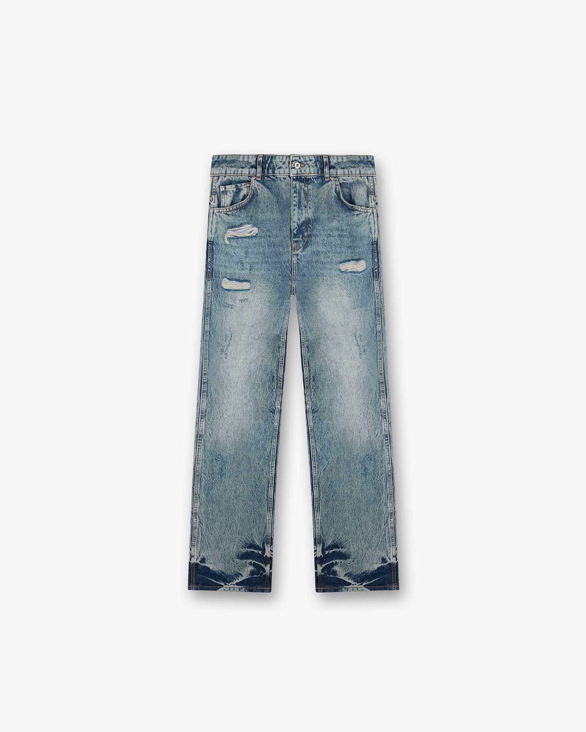 Front product image of mens blue cream distressed denim on a plain white background | R3 Distressed Baggy Denim in Blue Cream | Baggy denim with distressed detailing | SS25 Denim | Represent Clo
