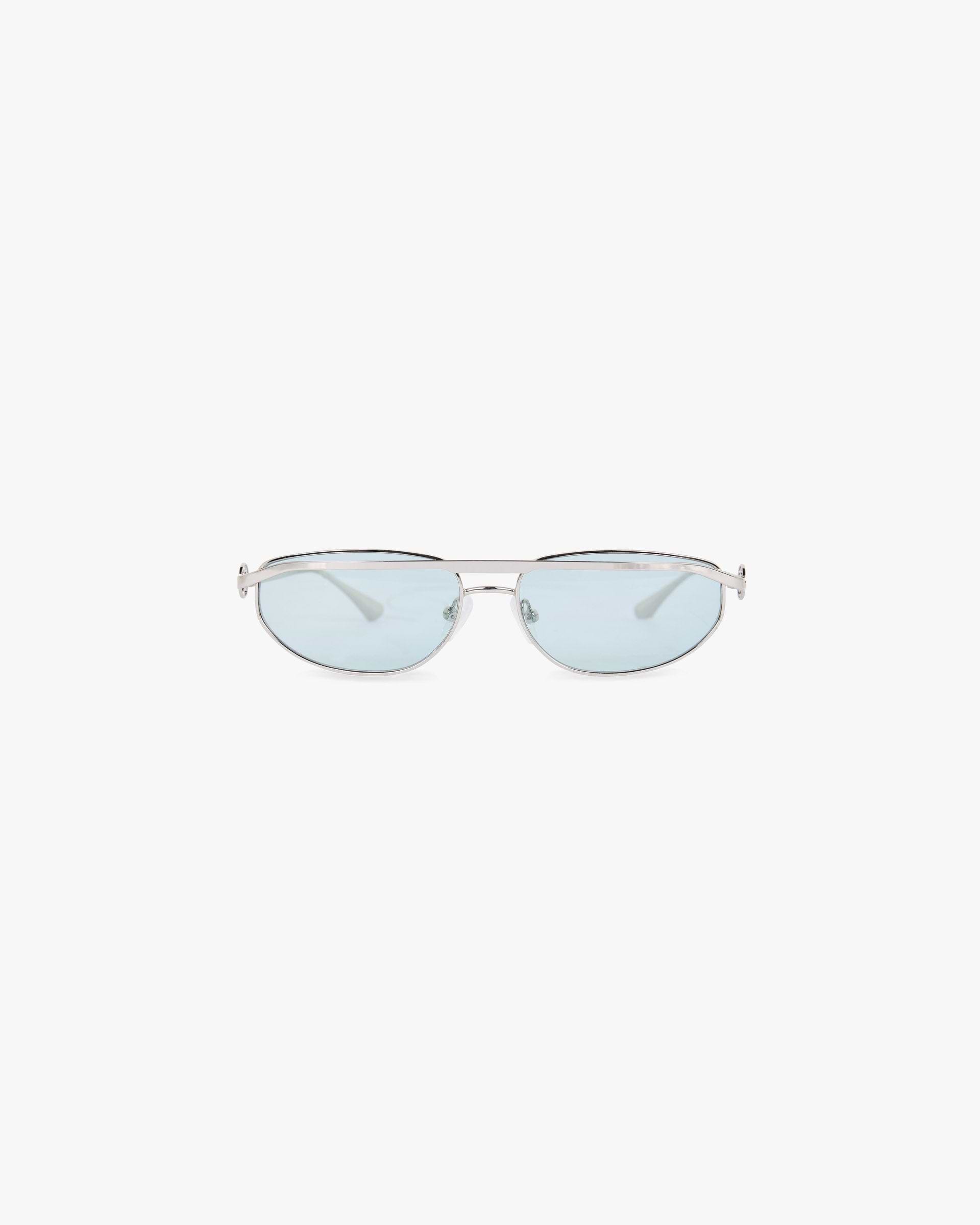 Front product image of mens silver green sunglasses on a plain white background | Slim Aviator Sunglasses in Silver Matcha | Lightweight aviator sunglasses | SS25 Accessories | Represent Clo