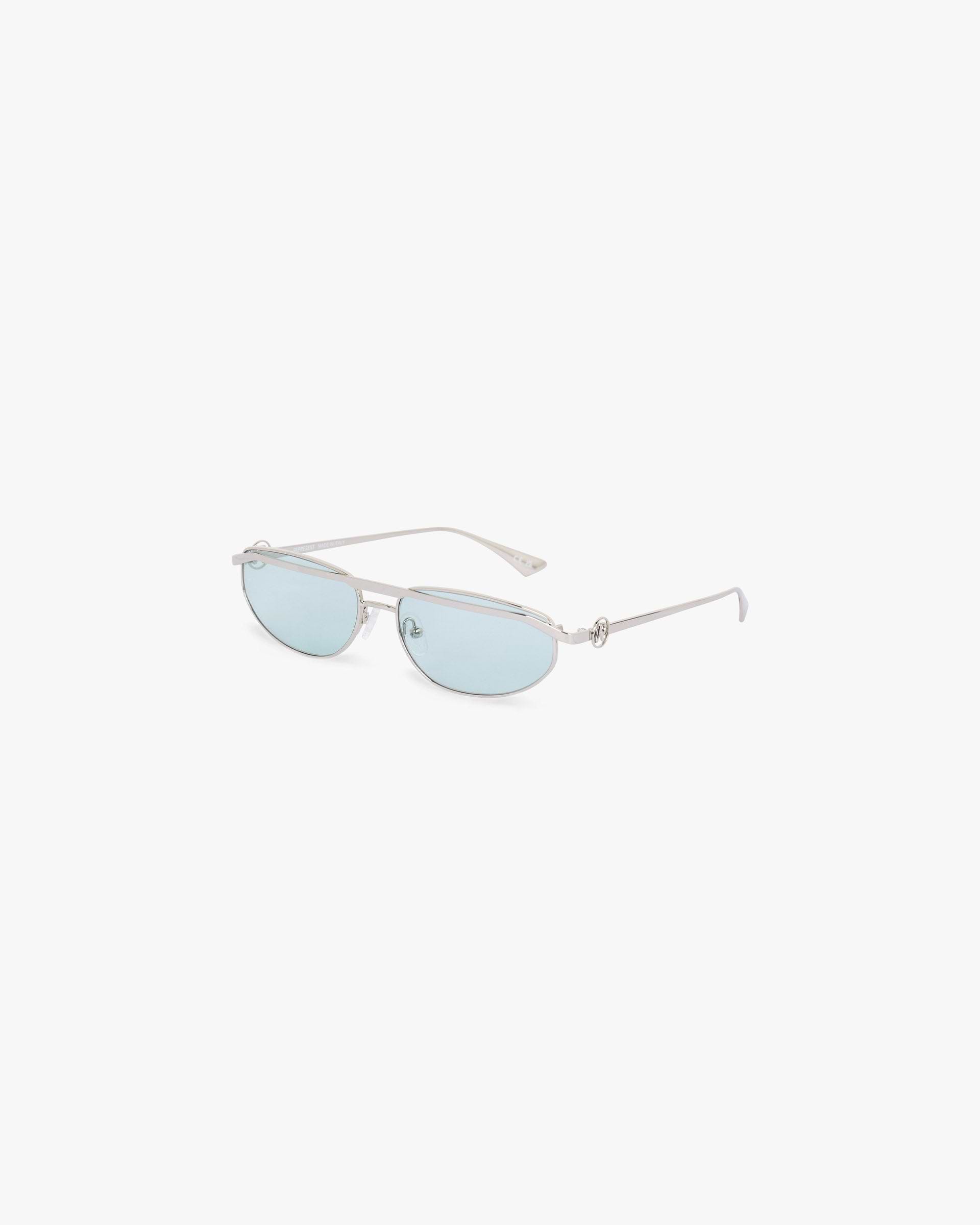 Back product image of mens silver sunglasses on a plain white background | Slim Aviator Sunglasses in Silver Matcha | Silver frame and matcha lenses | SS25 Accessories | Represent Clo