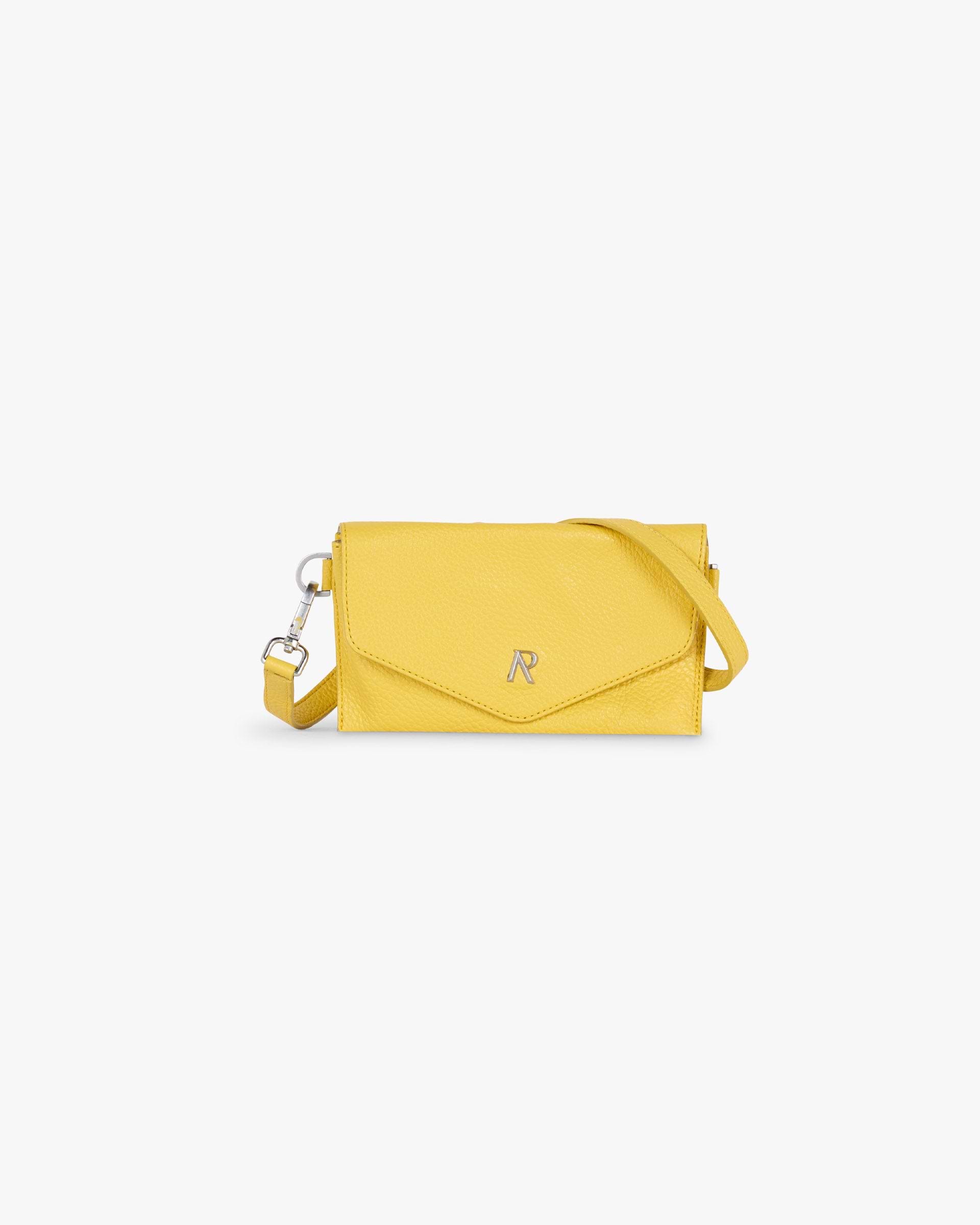 Back product image of a mens yellow leather crossbody bag on a plain white background | Sunglasses Crossbody Bag in Pastel Yellow | Leather bag with embossed logo and adjustable strap | SS25 Accessories | Represent Clo