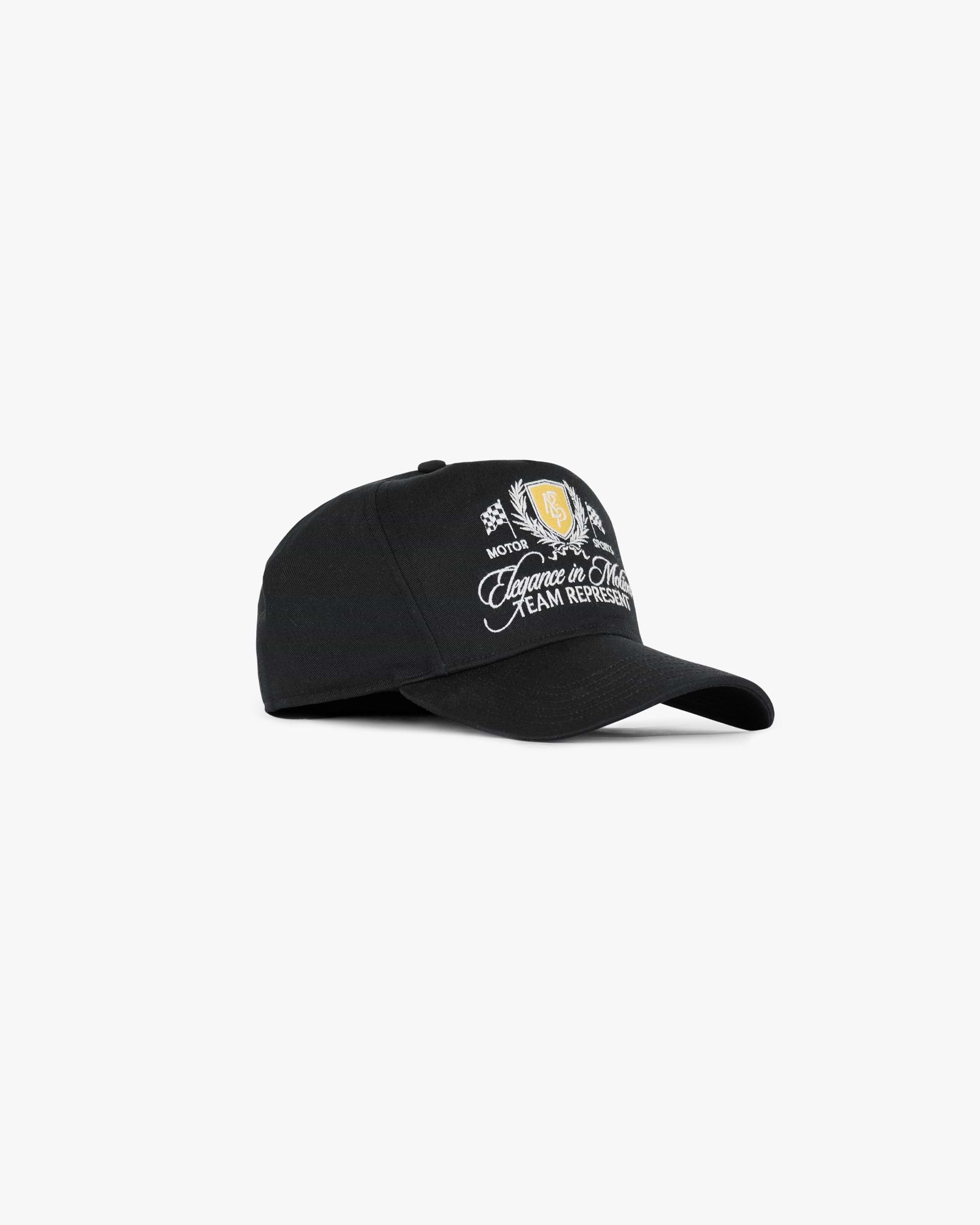 Front product image of a mens black cap on a plain white background | Represent Crest Cap in Jet Black | Structured cap with viscose forest print | SS25 Accessories | Represent Clo