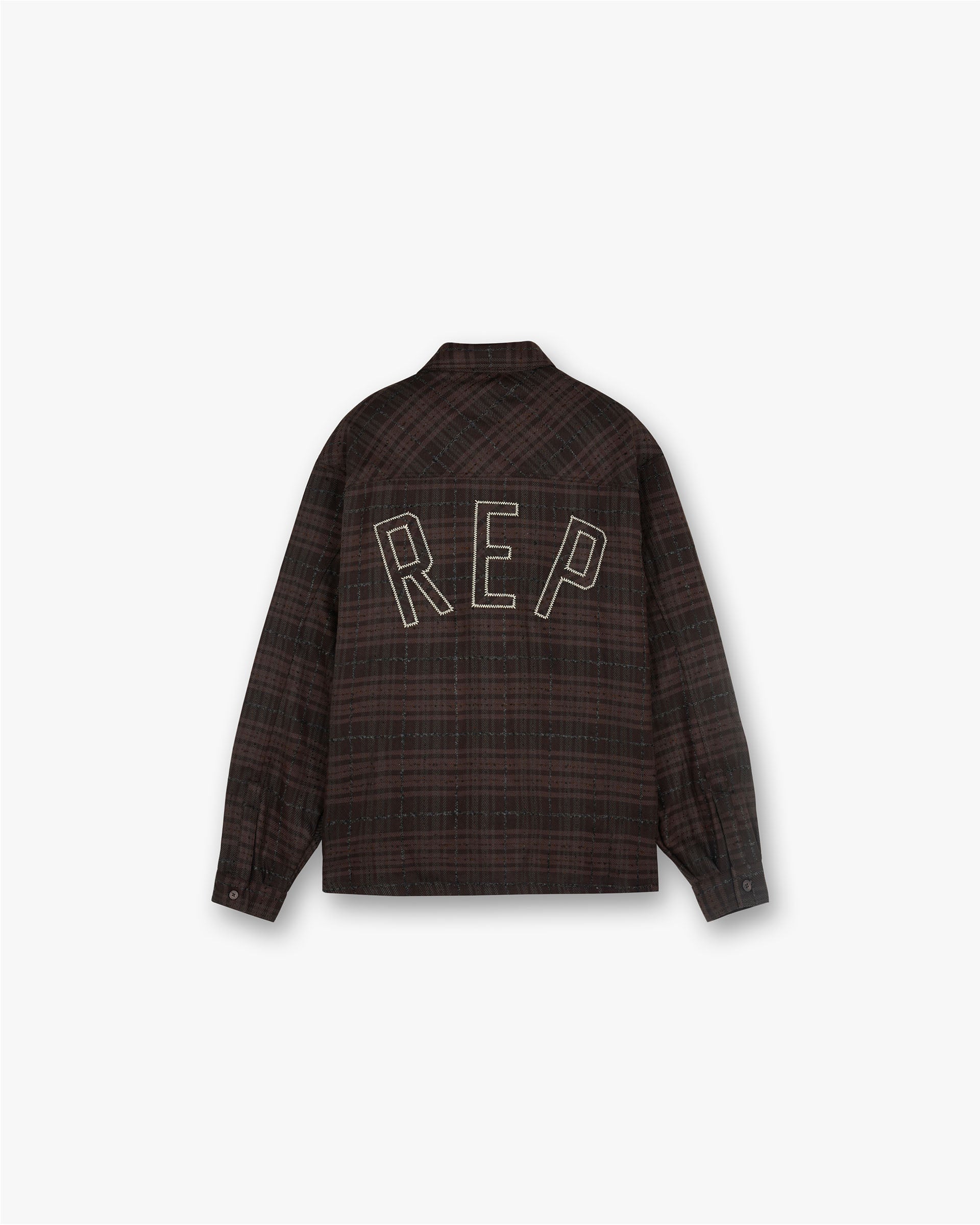 Back product image of a mens brown flannel shirt on a plain white background | Rep Flannel Shirt in Coffee | Slightly oversized shirt with embroidered REP logo | FW24 Shirts | Represent Clo