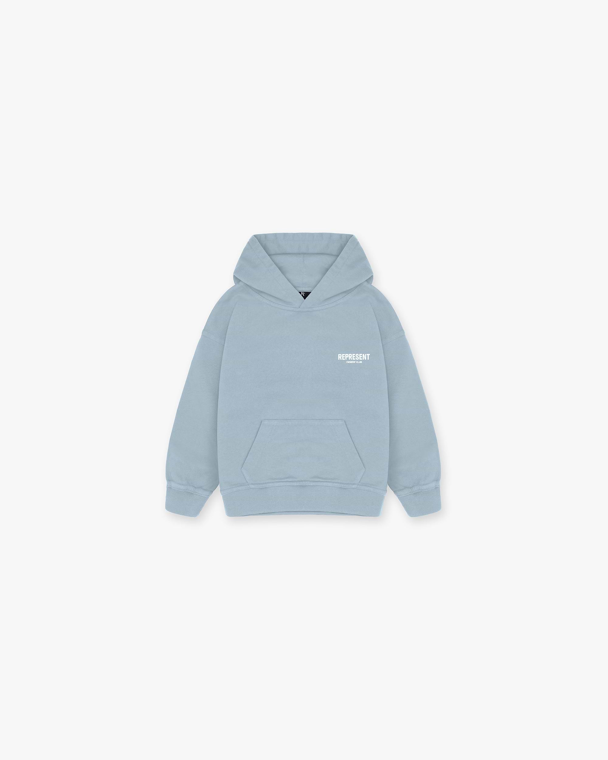 Back product image of a childs blue hoodie on a plain white background | Mini Owners Club Hoodie in Powder Blue | Kids oversized graphic hoodie with branding | Owners Club Hoodies | Represent Clo