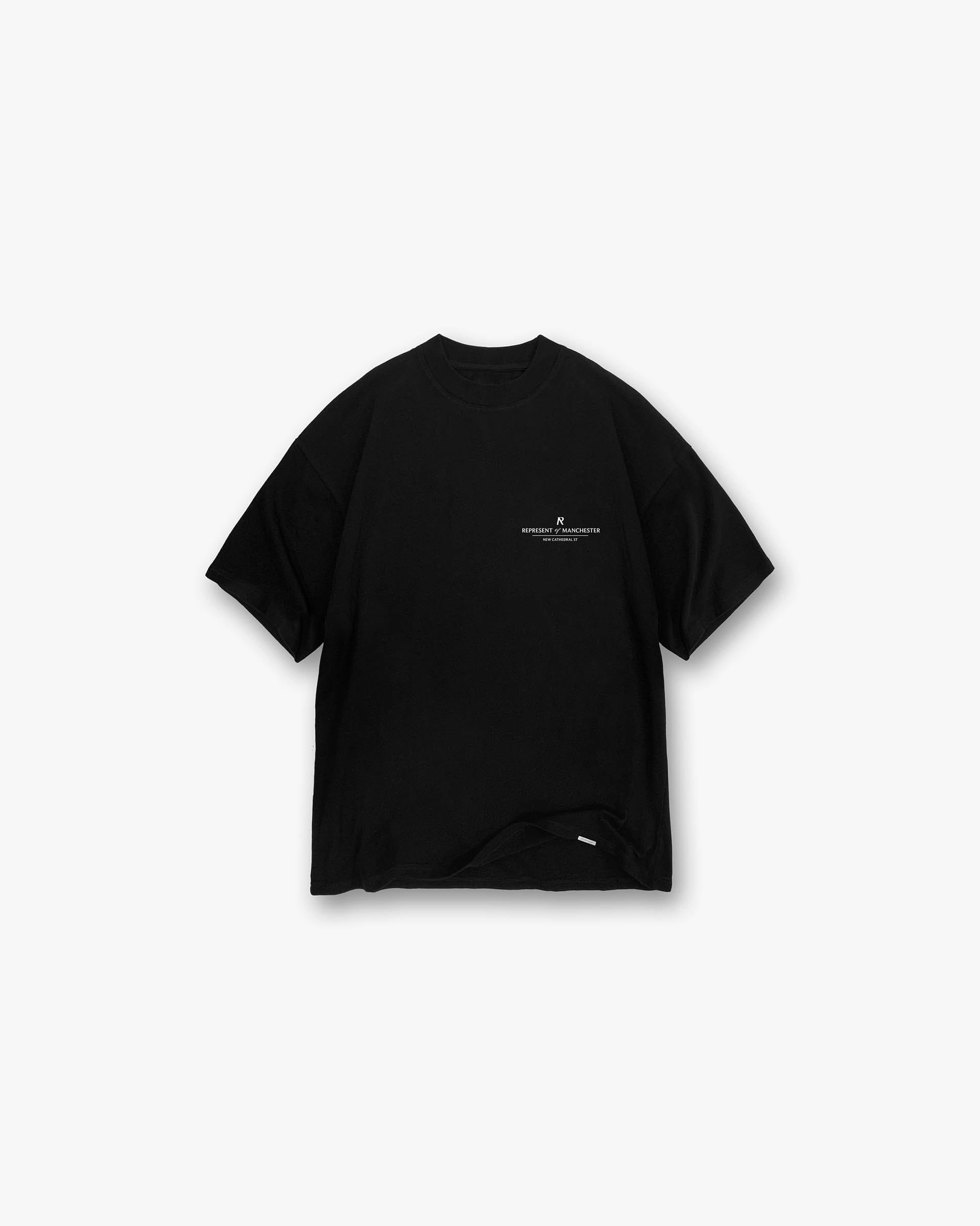 Front product image of a mens black t-shirt on a plain white background | Manchester Store T-Shirt in Black | T-Shirt with minimalistic design | Exclusives T-Shirts | Represent Clo