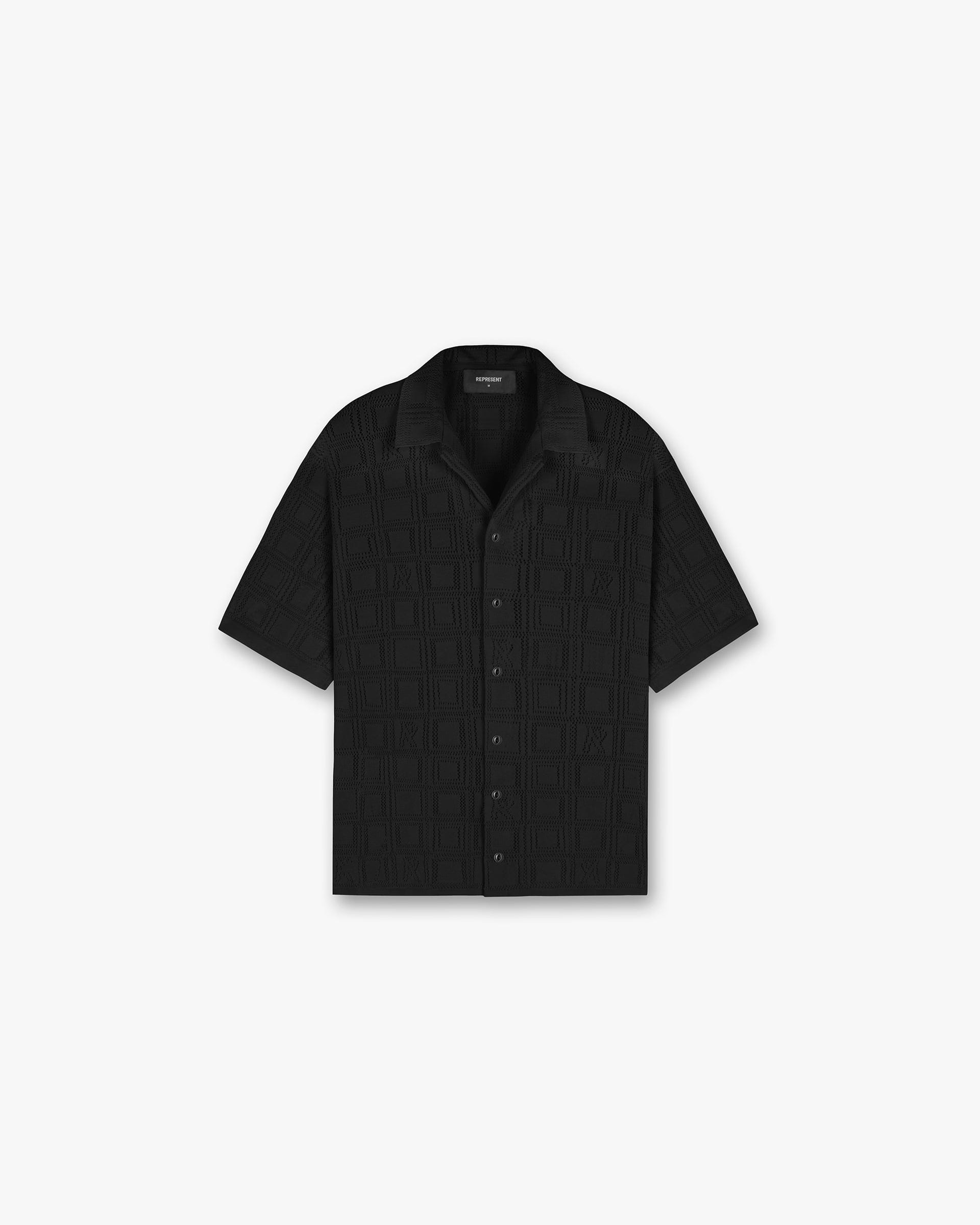 Front product image of a mens black shirt on a plain white background | Lace Knit Shirt in Black | Shirt with lace knit design | SS24 Shirts | Represent Clo