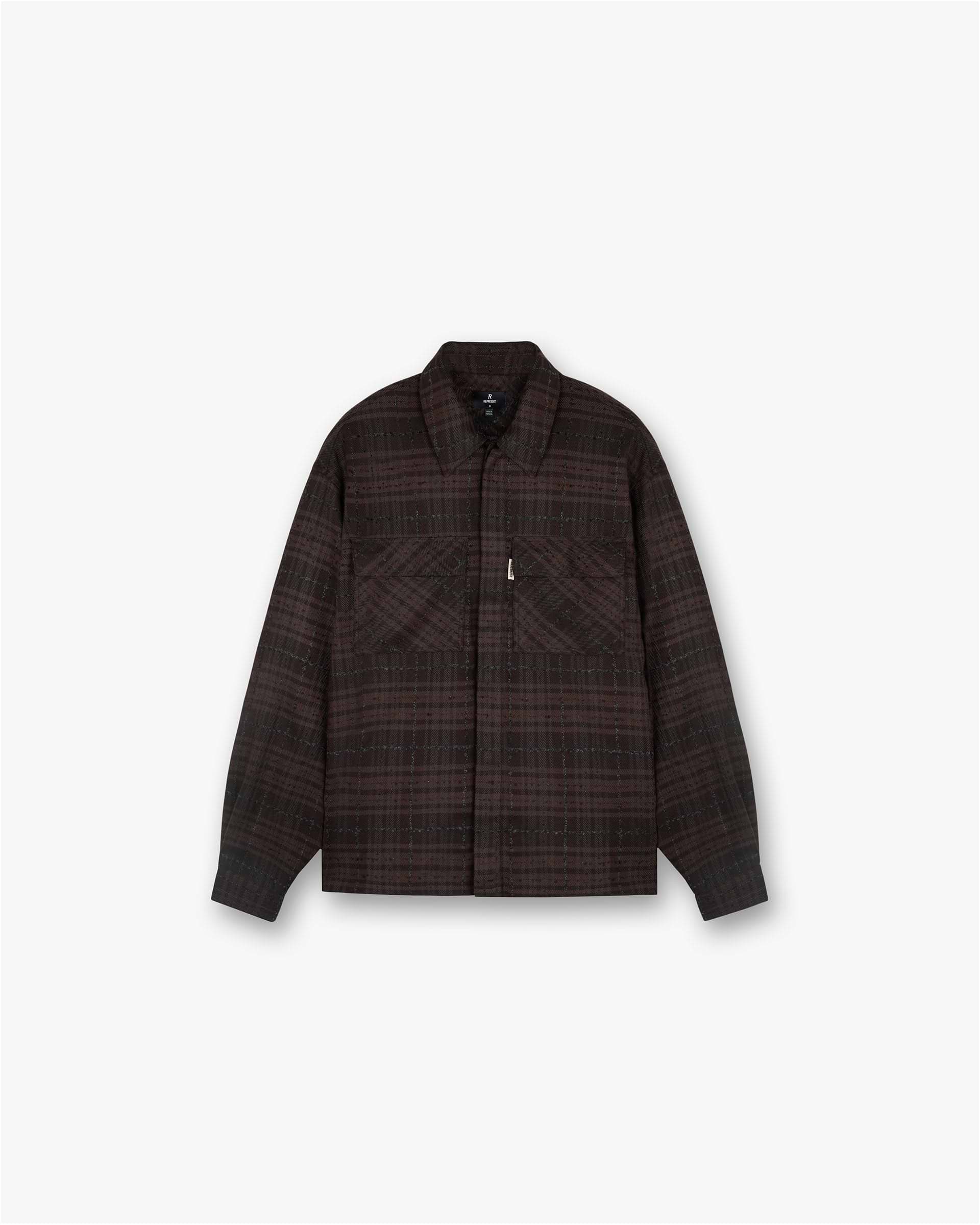 Front product image of a mens brown flannel shirt on a plain white background | Rep Flannel Shirt in Coffee | Flannel shirt with boxy fit | FW24 Shirts | Represent Clo
