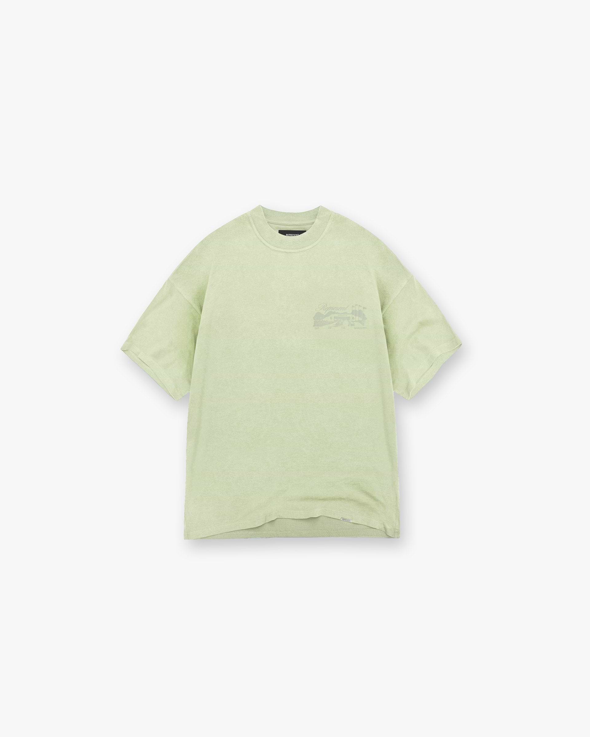 Front product image of a mens green t-shirt on a plain white background | Raceway T-Shirt in Matcha | Jersey t-shirt | SS25 T-Shirts | Represent Clo