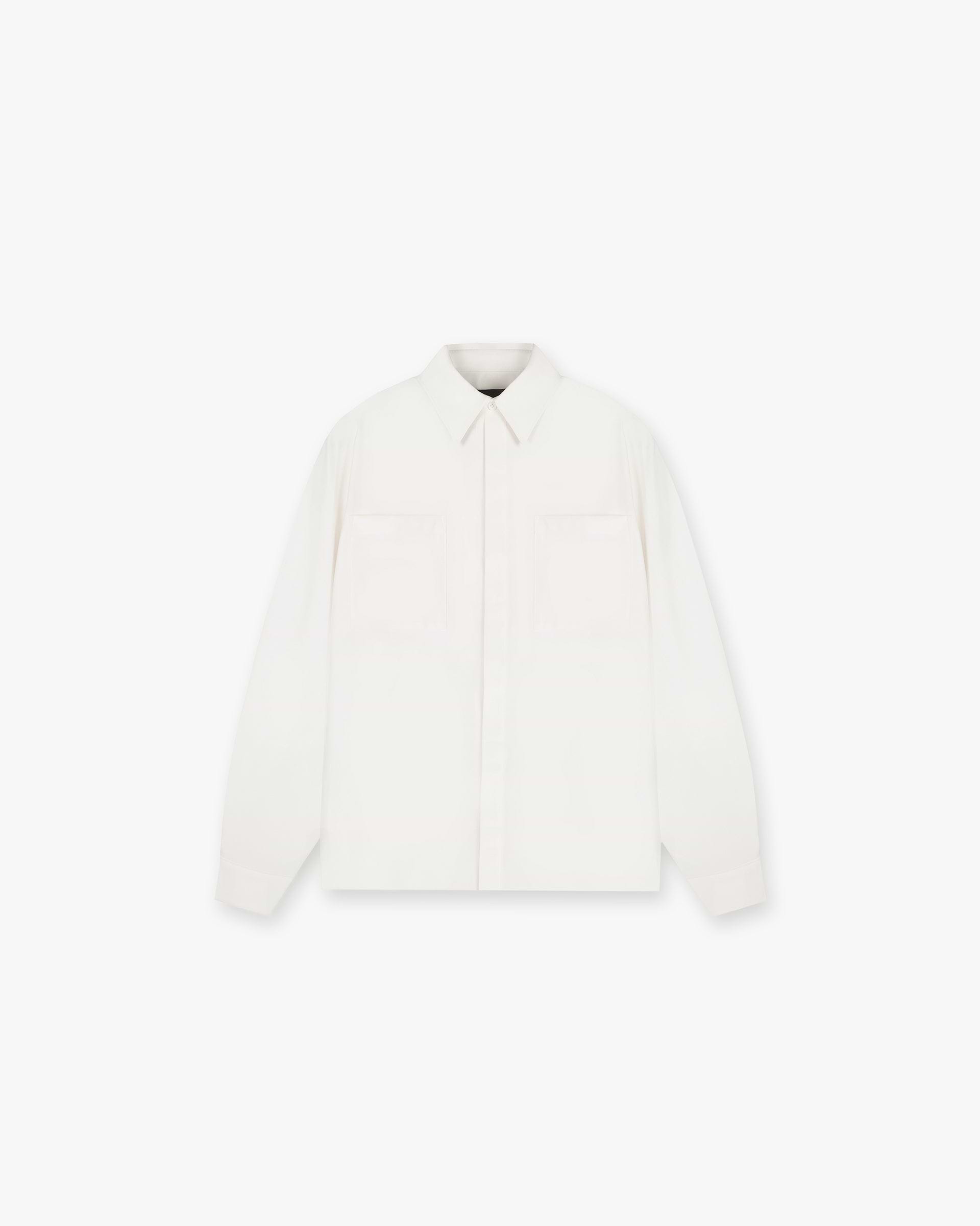 Front product image of a mens white shirt on a plain white background | Initial Shirt in Flat White | Luxury knit jumper with oversized fit | Initial Shirts | Represent Clo