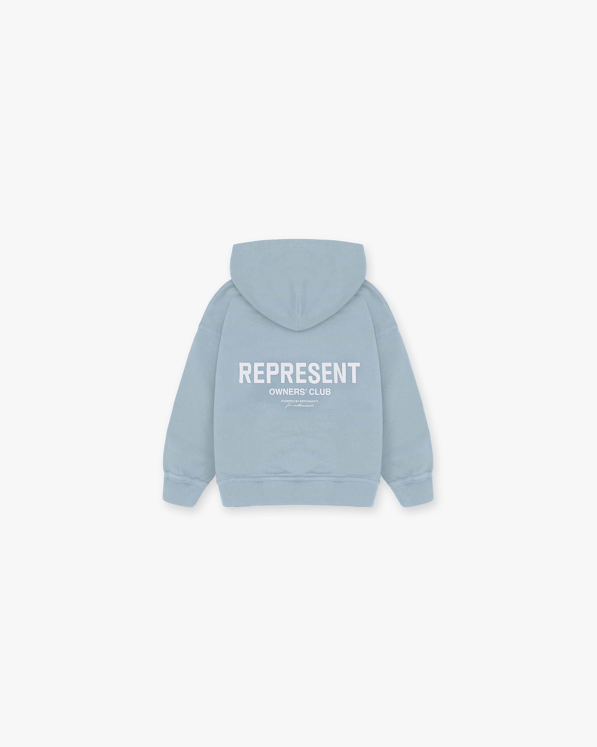 Front product image of a childs blue hoodie on a plain white background | Represent Mini Owners Club Hoodie in Powder Blue | Kids relaxed fit hoodie | Owners Club Hoodies | Represent Clo