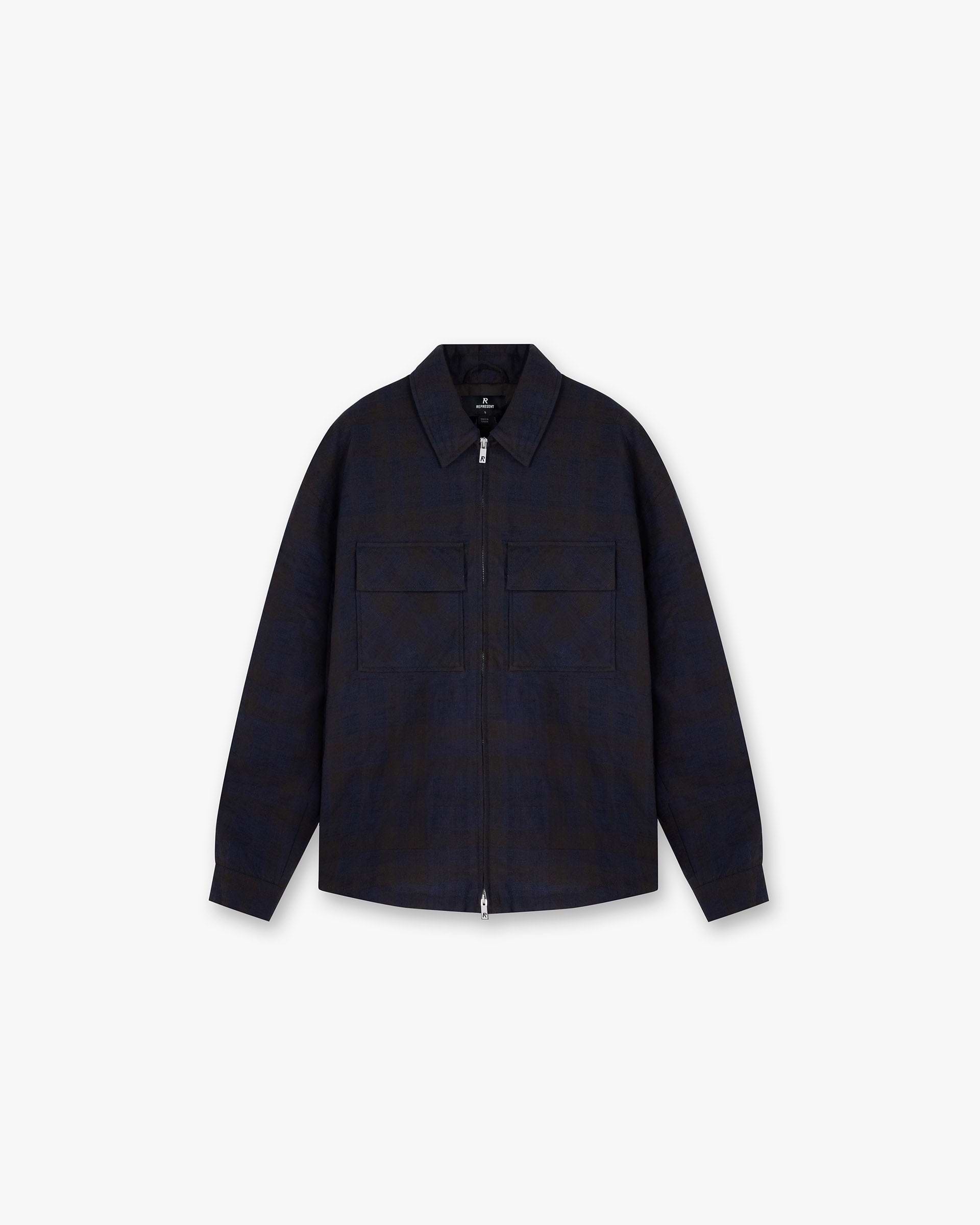 Front product image of a mens navy overshirt on a plain white background | Wadded Zip Overshirt in Midnight Navy | Overshirt with zip closure | FW24 Shirts | Represent Clo