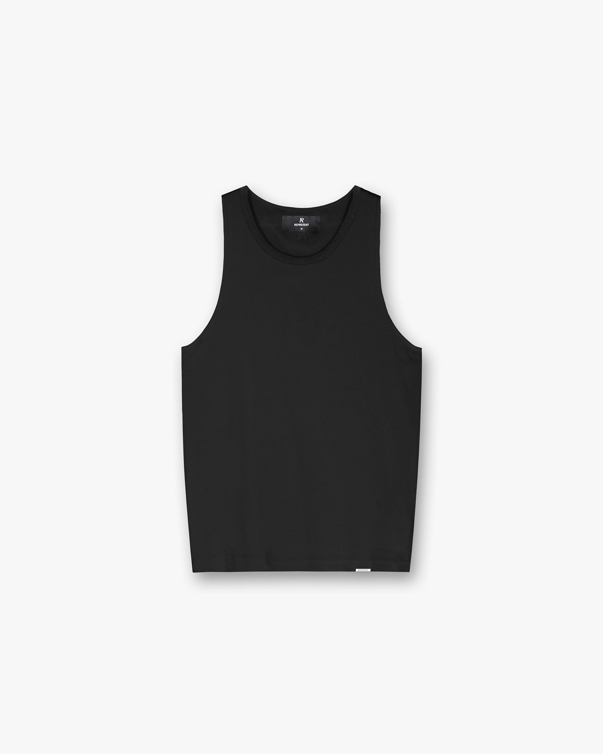 Front product image of a mens black rib vest on a plain white background | Initial Rib Vest in Black | Ribbed vest with a classic fit | Initial T-Shirts | Represent Clo