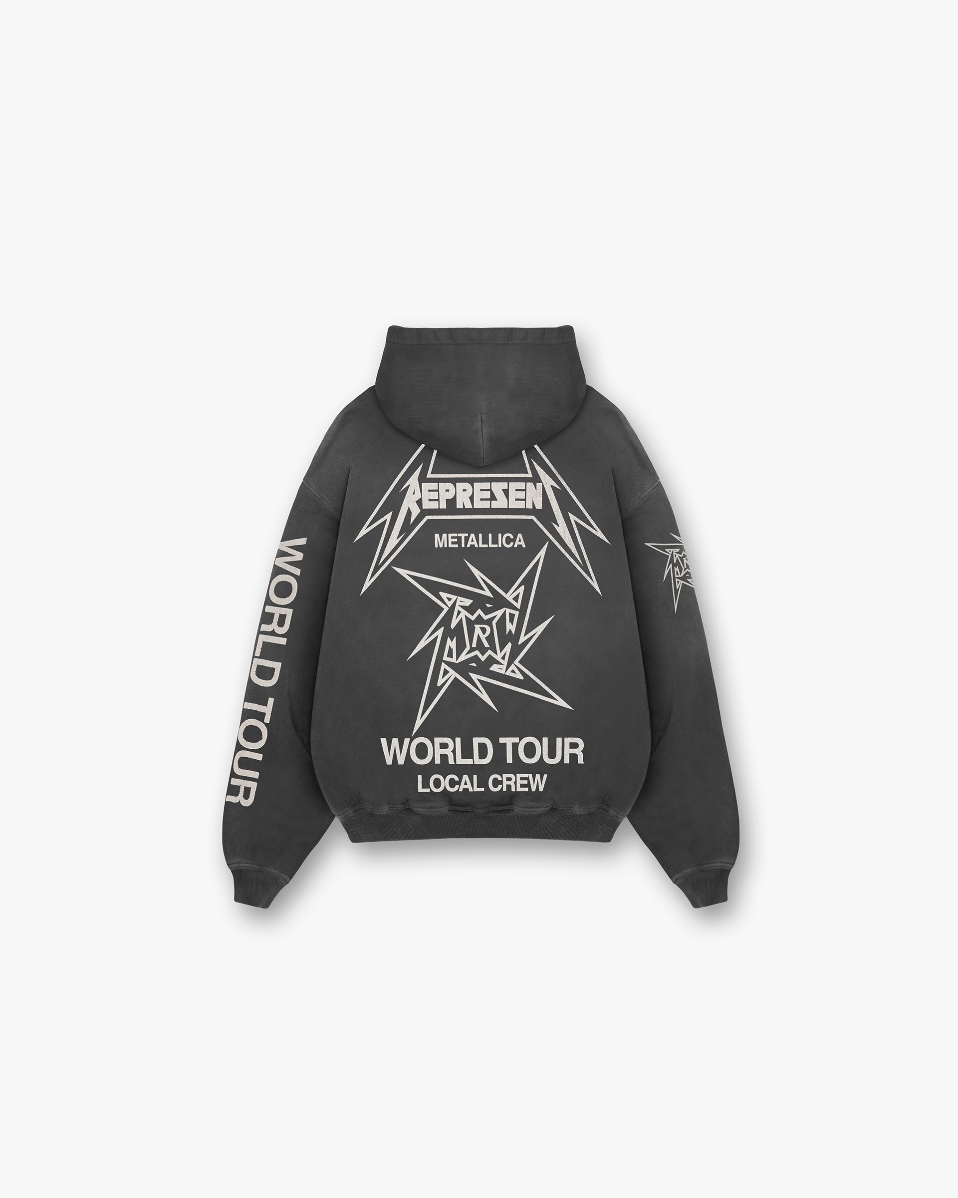 Back product image of a mens black hoodie on a plain white background | Represent X Metallica Local Crew Zip Hoodie in Stained Black | Hoodie with cracked prints and double ended zip | SS24 Hoodies | Represent Clo