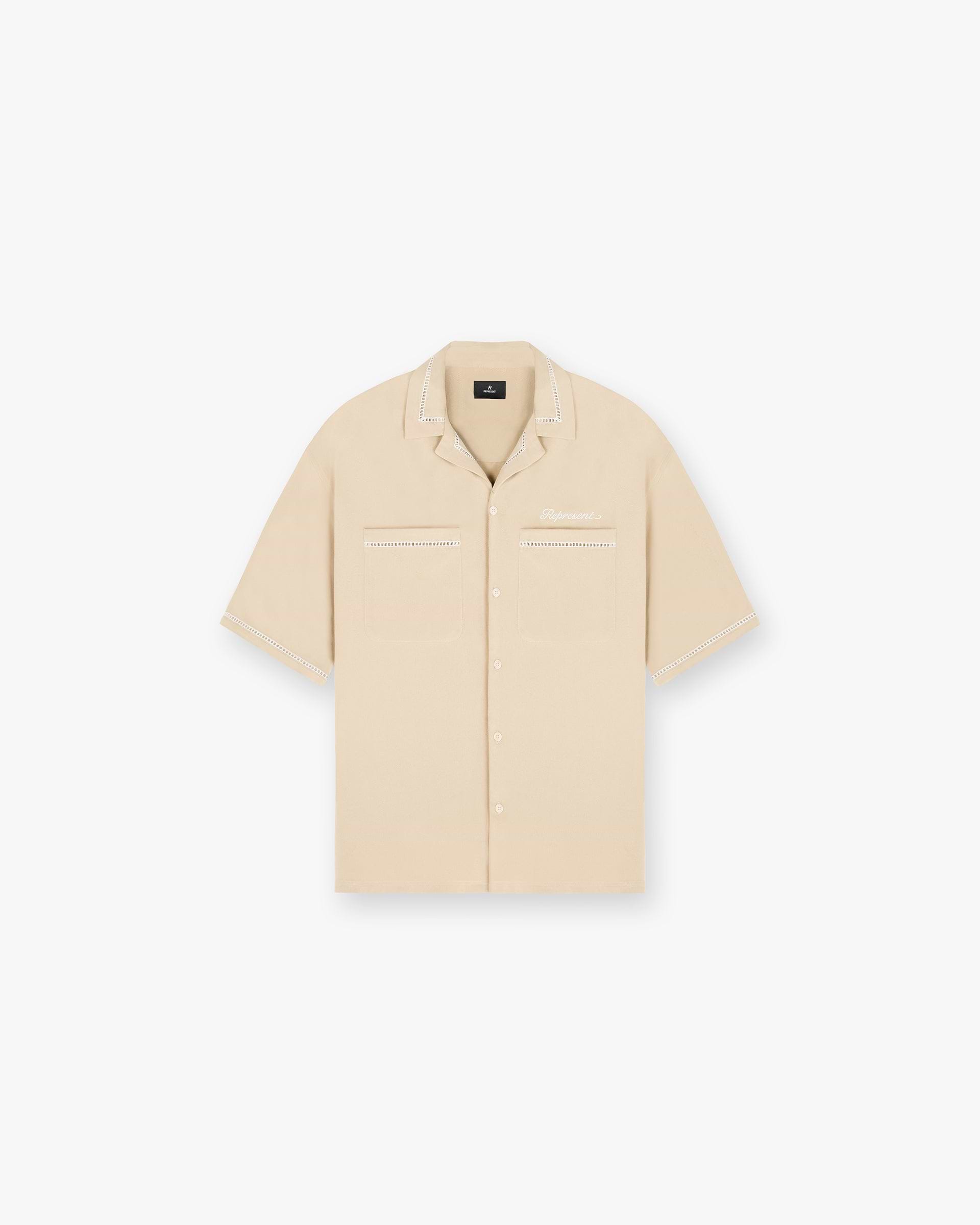 Front product image of a mens beige shirt on a plain white background | Resort Shirt in Latte | Shirt in lightweight fabric | SC24 Shirts | Represent Clo