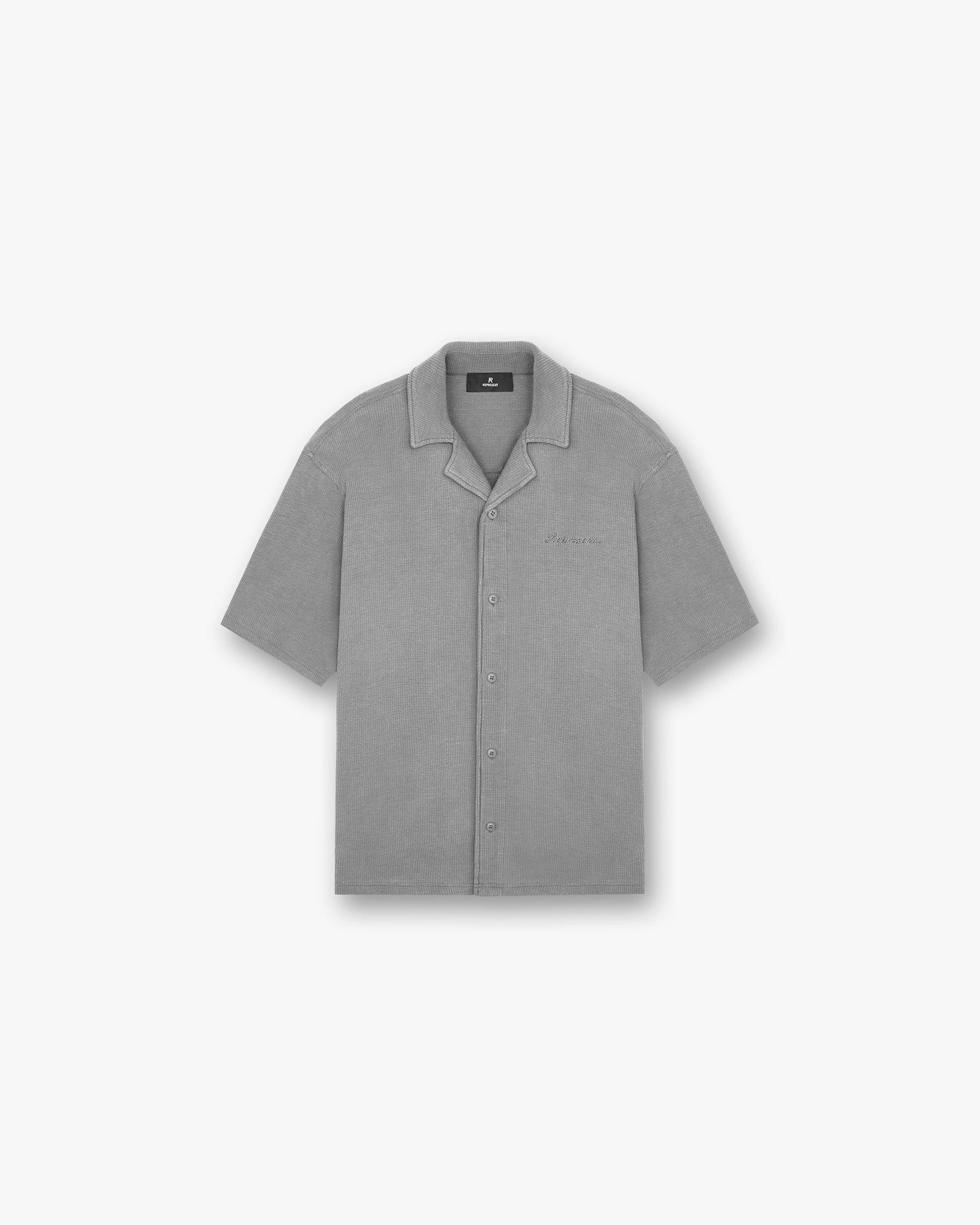 Front product image of a mens grey shirt on a plain white background | Waffle Shirt in Ultimate Grey | Waffle texture long-sleeve shirt | SC24 Shirts | Represent Clo