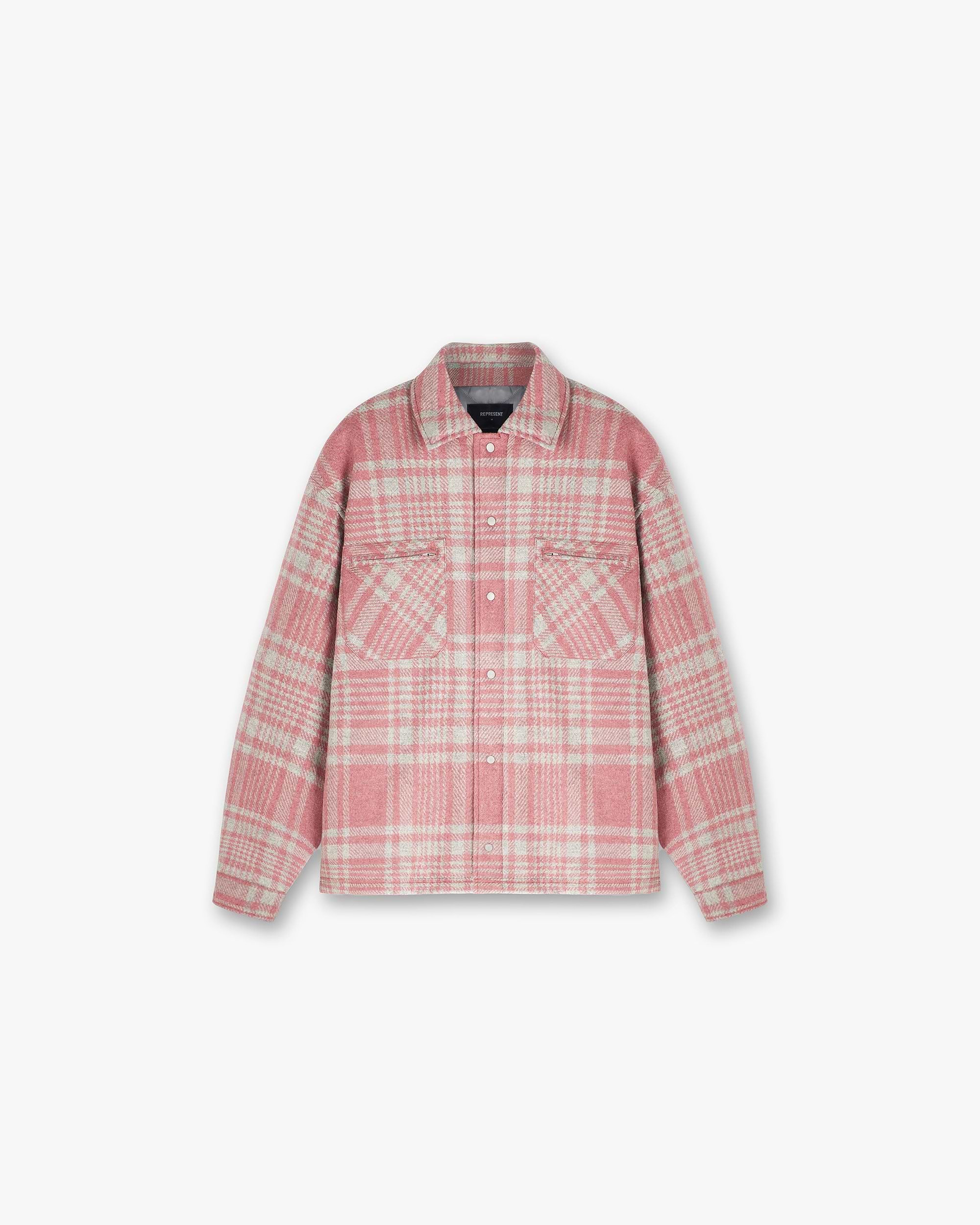 Front product image of a mens pink and grey check flannel shirt on a plain white background | Quilted Flannel Shirt in Pink Grey Check | Quilted check shirt with luxury heavyweight cotton | PRE SS24 Shirts | Represent Clo