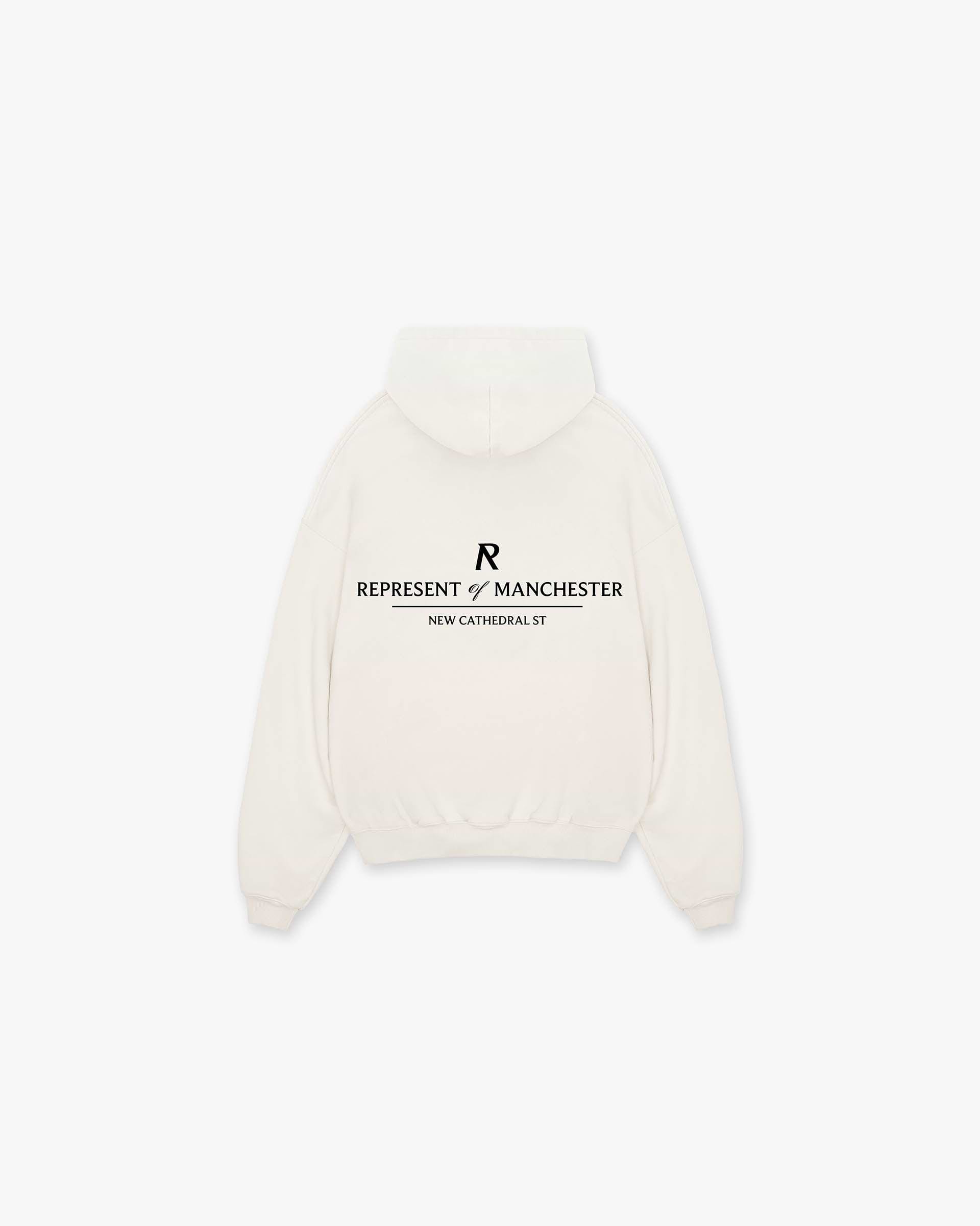 Back product image of a mens white hoodie on a plain white background | Manchester Store Hoodie in Flat White | Slightly oversized hoodie with screen print details | Exclusives Hoodies | Represent Clo