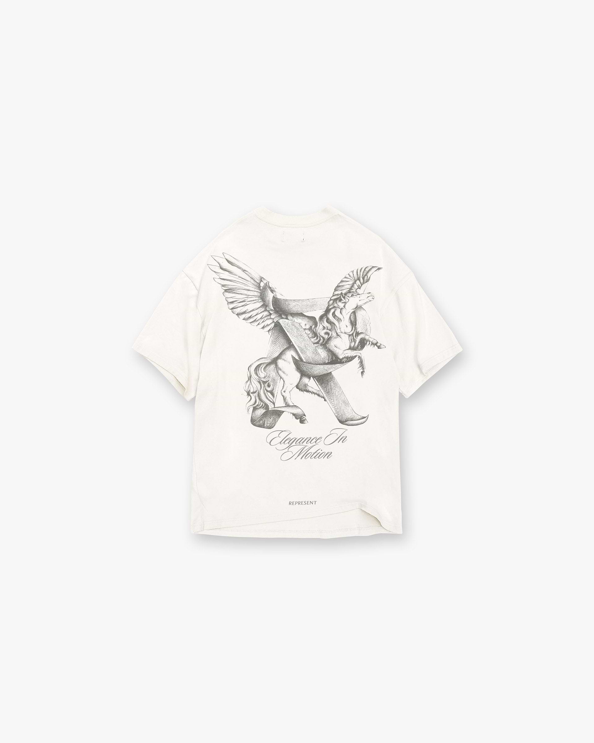 Back product image of a mens white t-shirt on a plain white background | Elegance In Motion T-Shirt in Flat White | Slightly oversized t-shirt with Elegance in Motion graphic and metal bar logo | SS25 T-Shirts | Represent Clo
