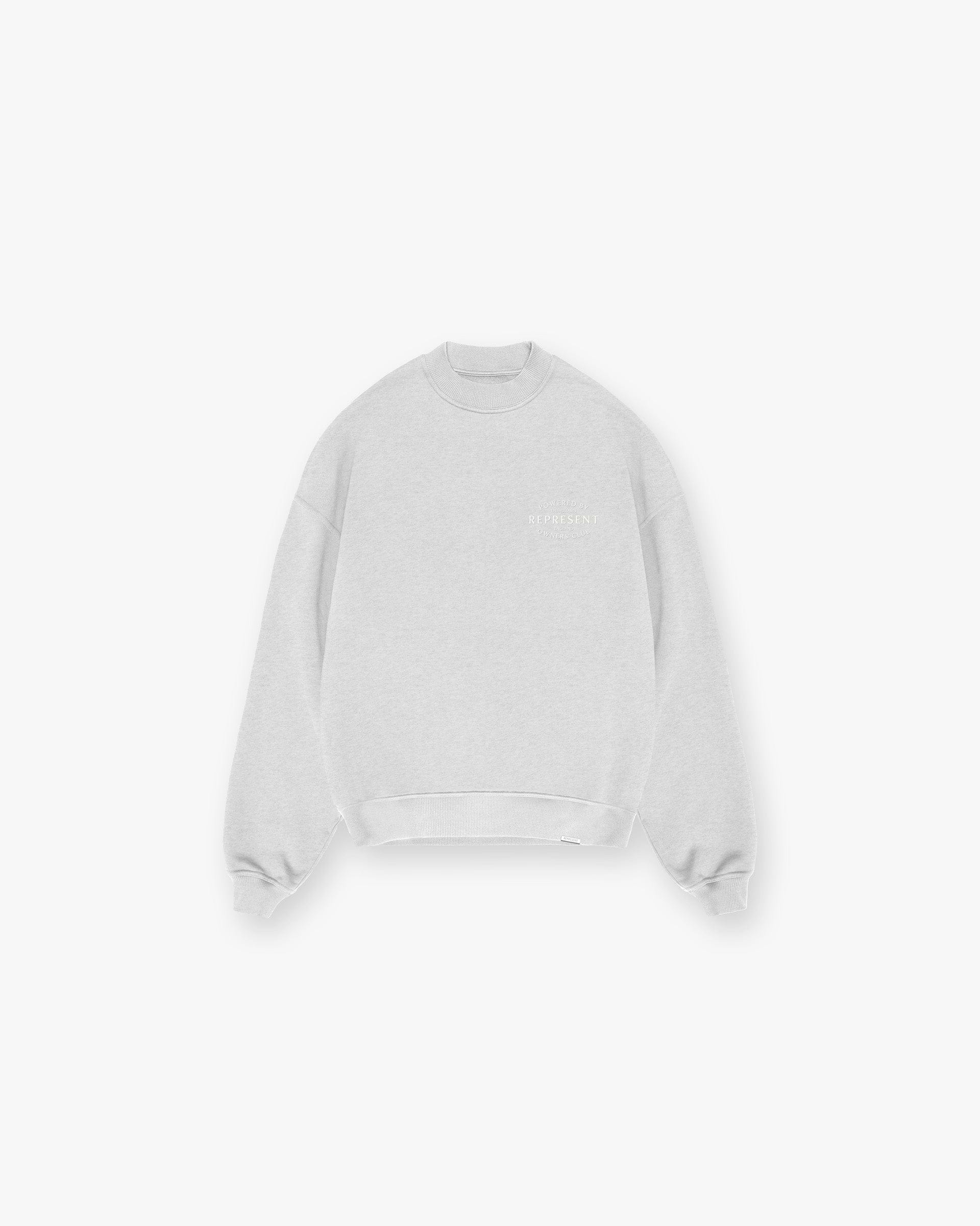 Back product image of a mens grey sweater on a plain white background | Represent Owners Club Stamp Sweater in Ash Grey | Sweater with high build branding and ribbed details | Owners Club Sweaters | Represent Clo
