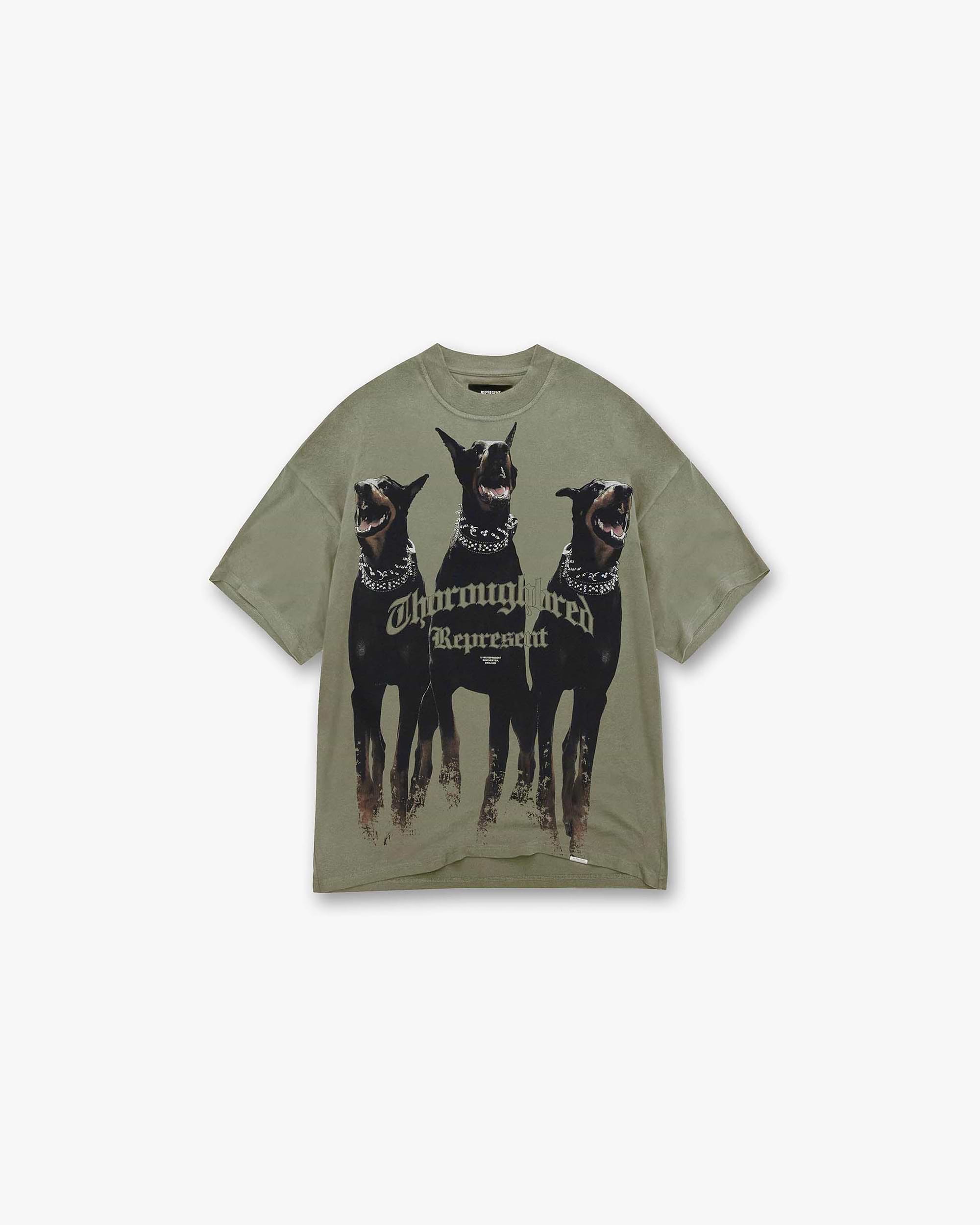 Front product image of a mens grey t-shirt on a plain white background | Thoroughbred T-Shirt in Khaki | Oversized t-shirt with front screen print | SS23 T-Shirts | Represent Clo