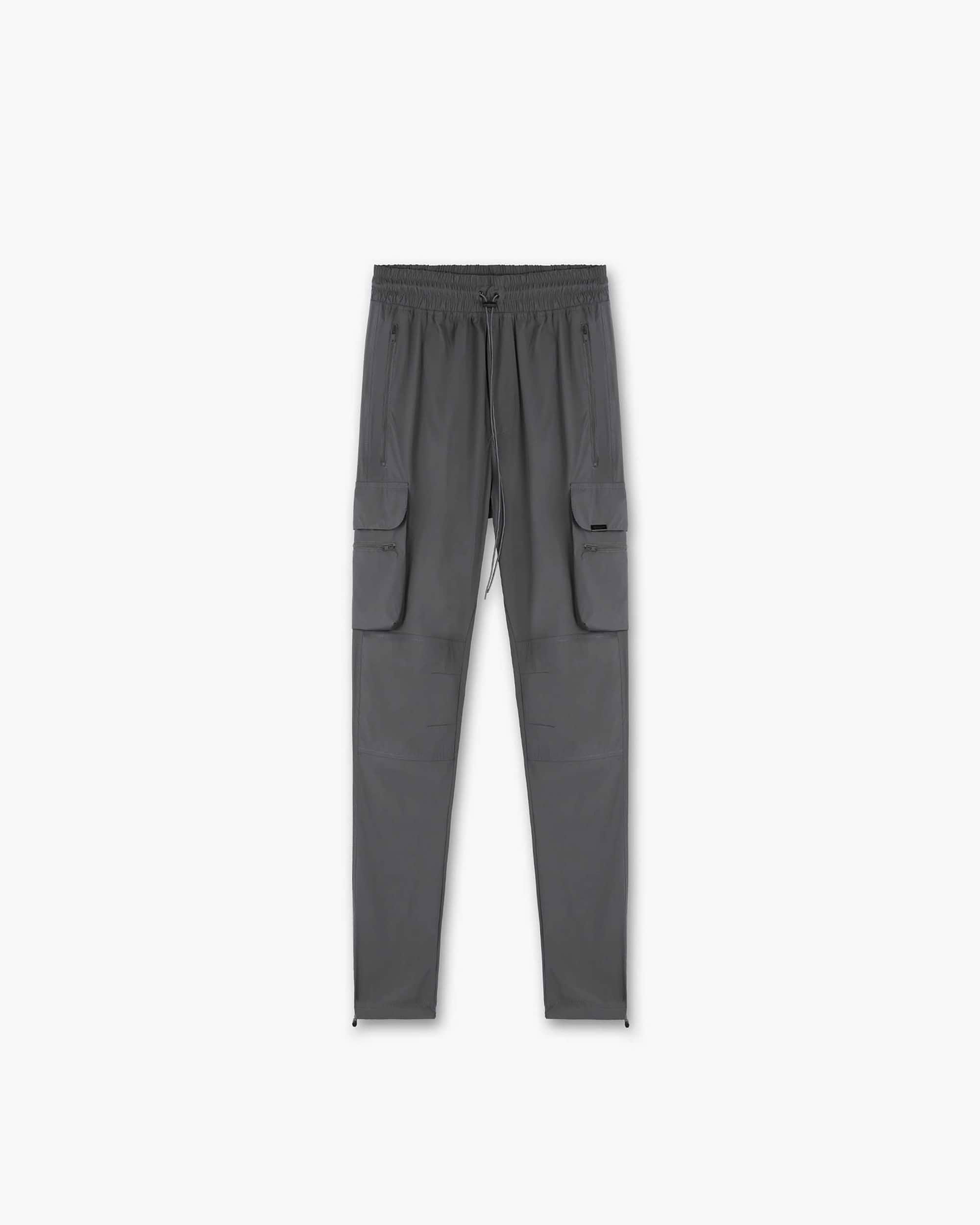 Front product image of a mens grey pant on a plain white background | 247 Pant in Grey | Lightweight nylon pants with elasticated cuffs | 247 Pants | Represent Clo