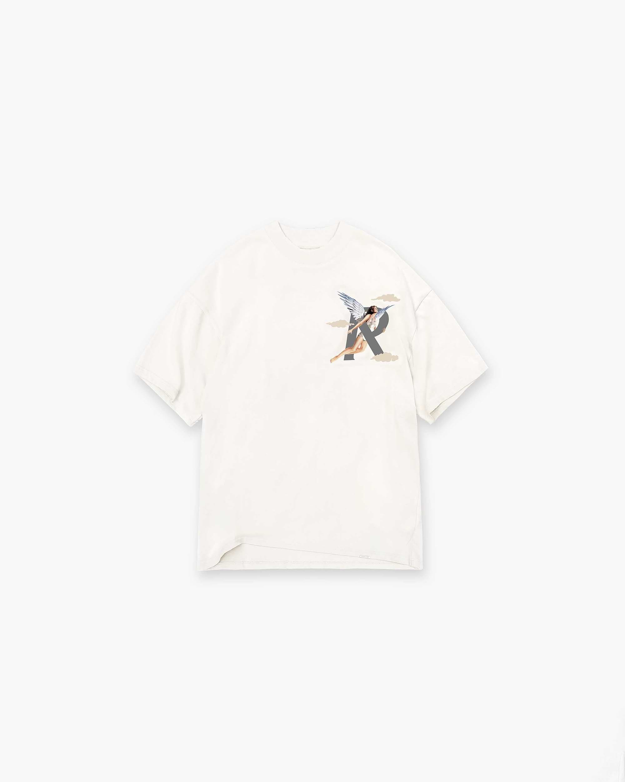 Front product image of a mens white t-shirt on a plain white background | Storms In Heaven T-Shirt in Flat White | Classic t-shirt with bold design | SS23 T-Shirts | Represent Clo