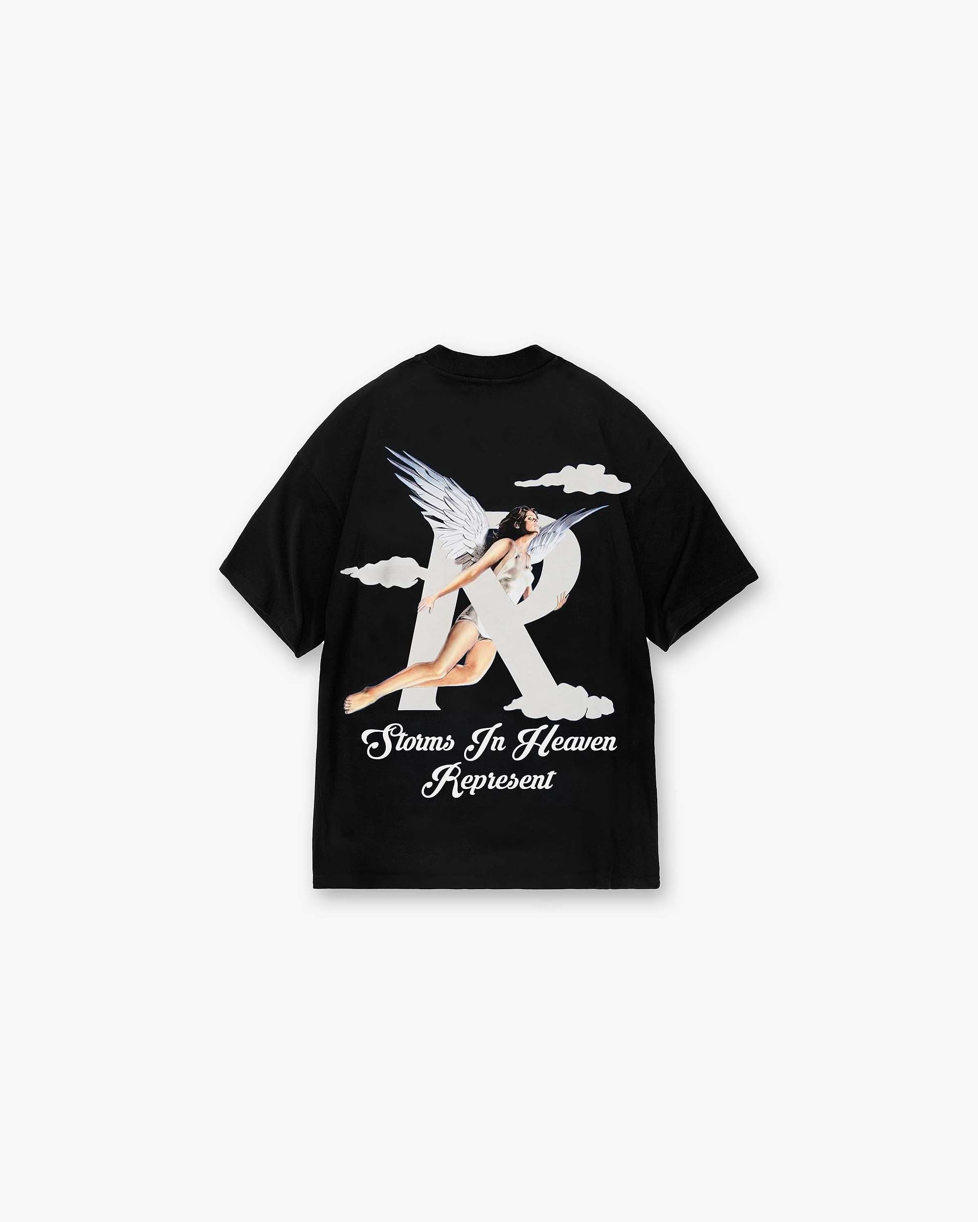 Back product image of a mens black t-shirt on a plain white background | Storms In Heaven T-Shirt in Black | Oversized t-shirt with chest and back graphics | SS23 T-Shirts | Represent Clo