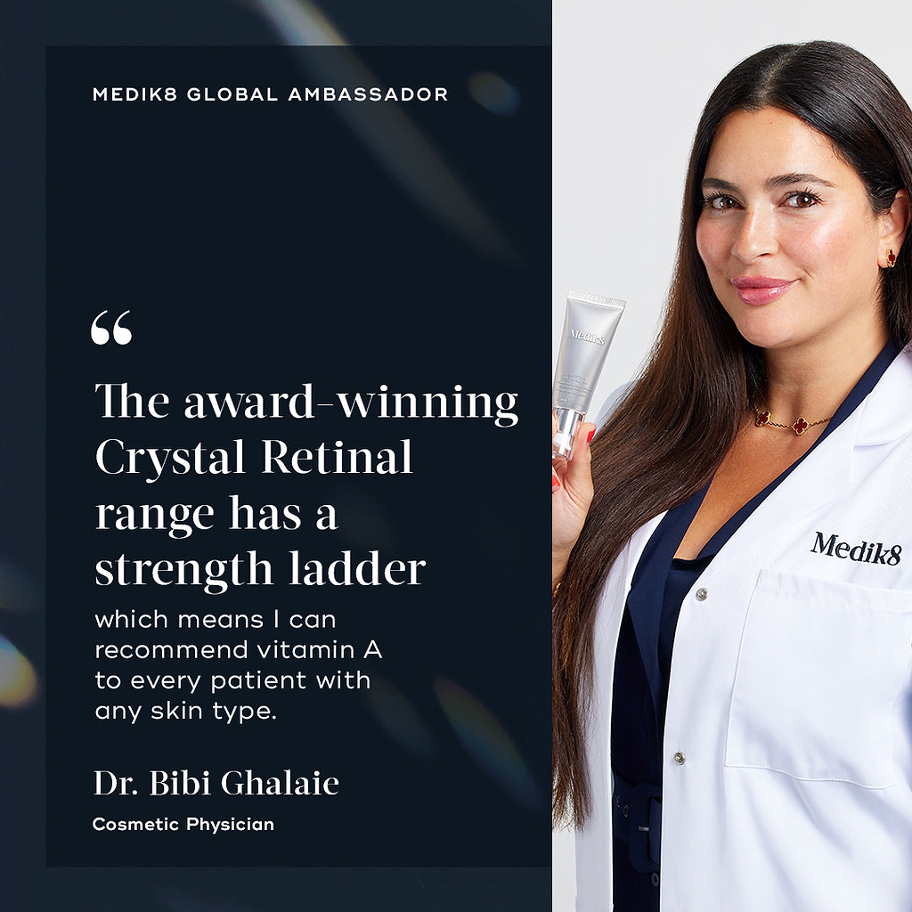 Dr. Bibi Ghalaie, Cosmetic Physician, smiles while holding a silver tube of Crystal Retinal. A quote from her states: The award-winning Crystal Retinal range has a strength ladder which means I can recommend vitamin A to every patient with any skin type.