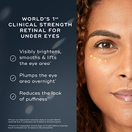 A woman's face is shown with small dots of Crystal Retinal Ceramide Eye applied under one eye. Text highlights WORLD'S 1st CLINICAL STRENGTH RETINAL FOR UNDER EYES. Three bullet points with checkmarks list benefits: Visibly brightens, smooths & lifts the eye area, Plumps the eye area overnight, and Reduces the look of puffiness. 