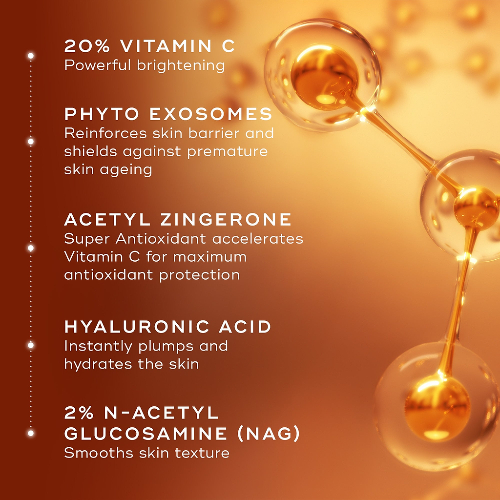 Molecular representation of key ingredients in Medik8 C-Tetra Advanced, with text highlighting 20% Vitamin C, Phyto Exosomes, Acetyl Zingerone, Hyaluronic Acid, and N-Acetyl Glucosamine (NAG) for brightening, hydration, and skin barrier support.