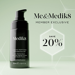 A black Medik8 Liquid Peptides Advanced MP pump bottle on a green gradient background with white hexagonal outlines. Text reads "Me&Medik8 MEMBER EXCLUSIVE" alongside a glowing hexagon stating "SAVE 20%*". The bottle text details it as an "Anti-Wrinkle Serum 30% Multi-Peptide Complex with Growth Factors".