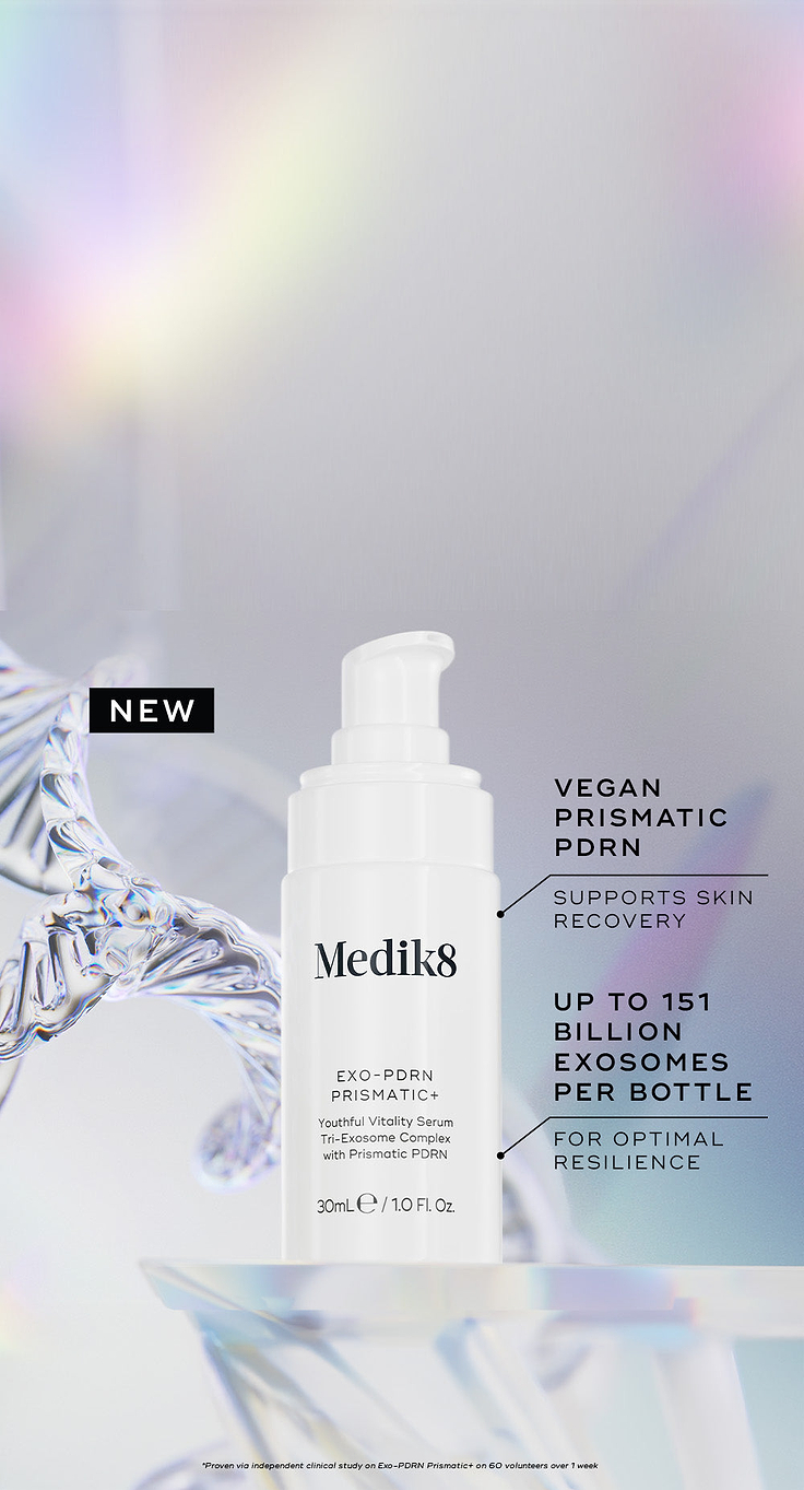 A vertical banner showing a white Medik8 Exo-PDRN Prismatic+ pump bottle against a translucent DNA double helix. A "NEW" badge is present. Text highlights: "Vegan Prismatic PDRN Supports Skin Recovery" and "Up To 151 Billion Exosomes Per Bottle For Optimal Resilience". A footnote notes a 4-week clinical study.
