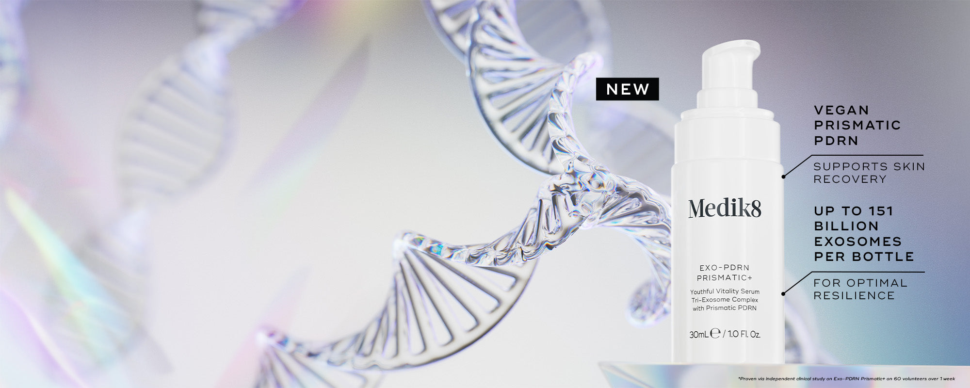 A white Medik8 Exo-PDRN Prismatic+ pump bottle set against a bright background with a translucent DNA double helix. A black badge reads "NEW". Text points to the bottle: "Vegan Prismatic PDRN Supports Skin Recovery" and "Up To 151 Billion Exosomes Per Bottle For Optimal Resilience". A footnote references a 4-week clinical study.