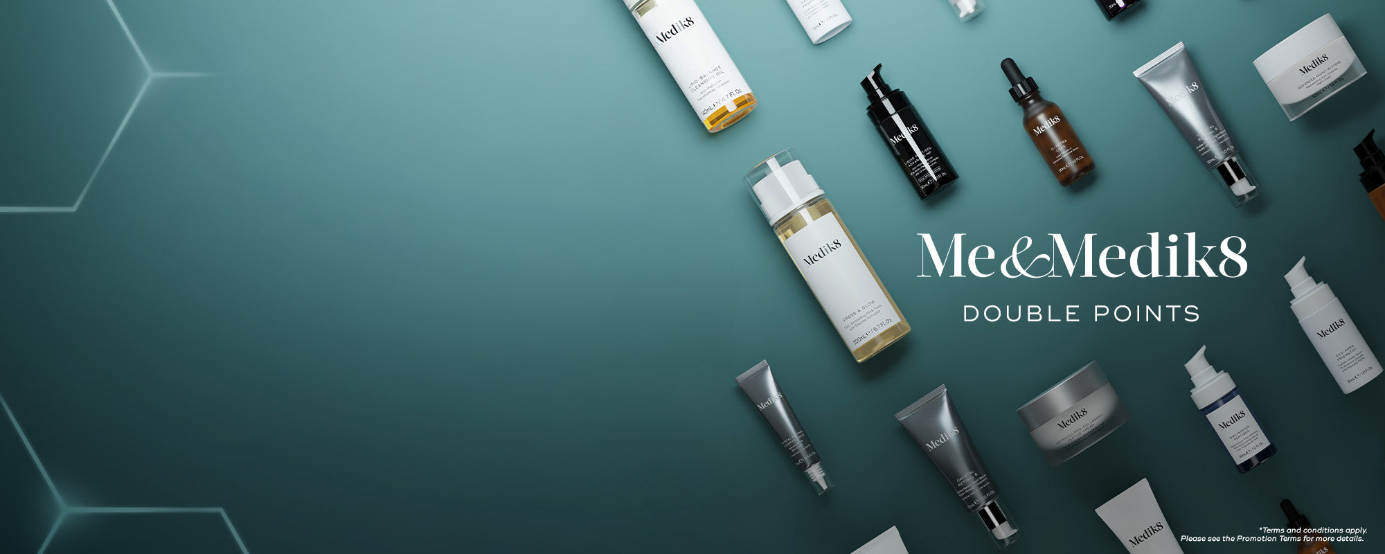 Wide horizontal banner on a dark teal background featuring a flat lay of various Medik8 products scattered across the right side. Centered white text reads "Me&Medik8 DOUBLE POINTS". Products shown include serums, creams, and cleansers.