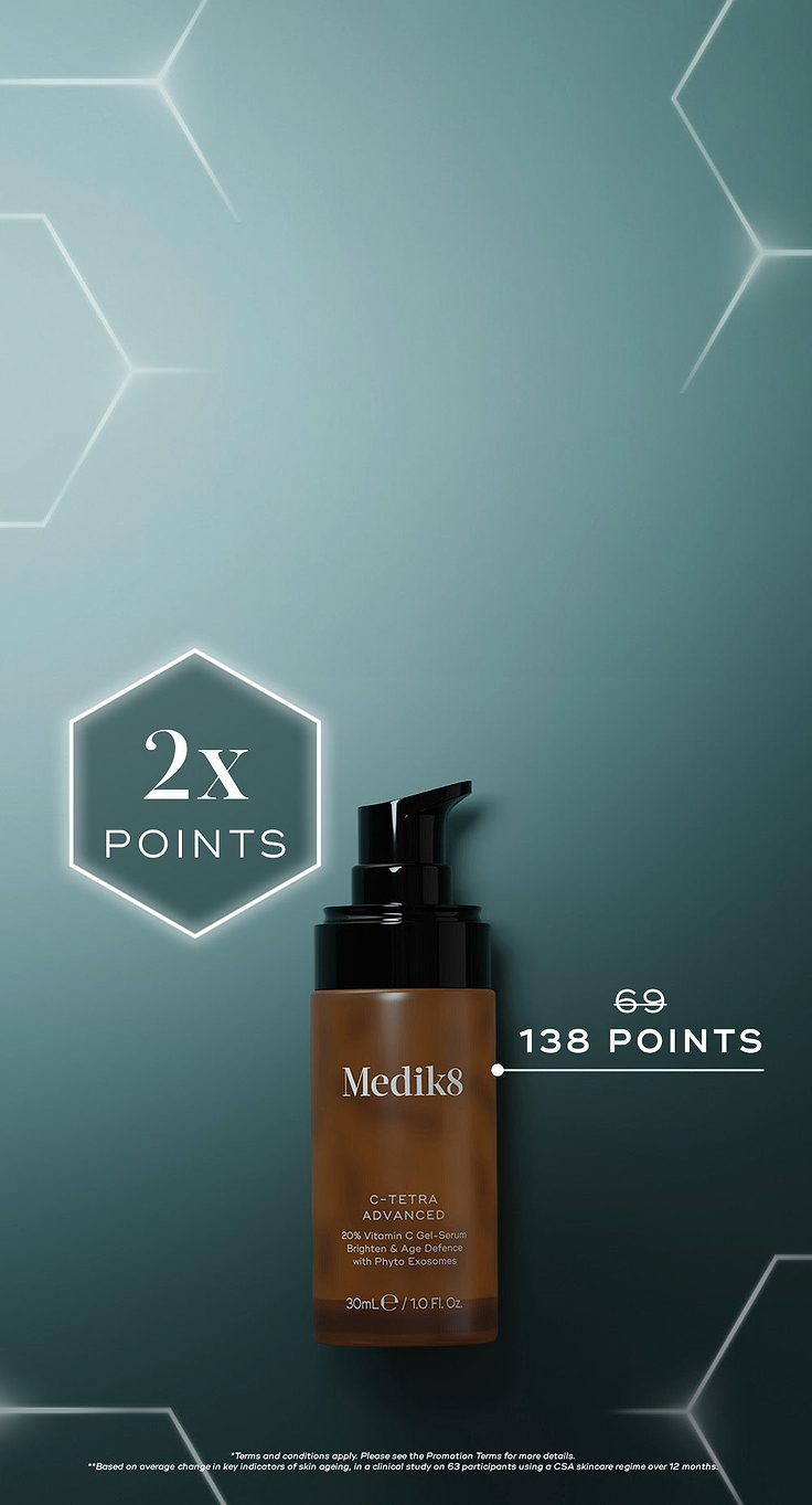 Vertical banner on a dark teal gradient background with glowing white hexagonal outlines. A brown Medik8 C-Tetra Advanced pump bottle is next to a glowing hexagon reading "2x POINTS". Text shows a crossed-out 69 and "138 POINTS". The bottle describes a "20% Vitamin C Gel-Serum Brighten & Age Defence with Phyto Exosomes". Footnotes detail terms and a clinical study.