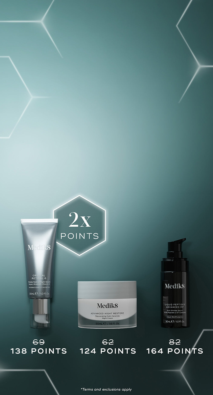 Vertical banner on a dark teal background. A glowing hexagon highlights "2x POINTS". Three Medik8 products are shown with their doubled point values: a silver Crystal Retinal 6 tube (crossed-out 69 replaced by 138 POINTS), a white Advanced Night Restore jar (crossed-out 62 replaced by 124 POINTS), and a black Liquid Peptides Advanced MP bottle (crossed-out 82 replaced by 164 POINTS).