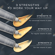 "Three tubes of Crystal Retinal Ceramide Eye cream with yellow-orange cream swatches. The products are labelled for 3 STRENGTHS TO WORK YOUR WAY UP. Strength 10 is for advanced vitamin A users, Strength 6 for regular vitamin A users, and Strength 3 for new vitamin A users.