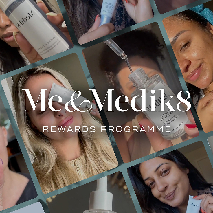 A dynamic collage web banner featuring various individuals interacting with Medik8 products. Centred overlay text reads 'Me&Medik8' in a sophisticated serif font, with 'REWARDS PROGRAMME' below in a professional sans-serif typeface. The background consists of tiled photos of customers, including close-ups of them smiling, holding bottles, and applying serums. 