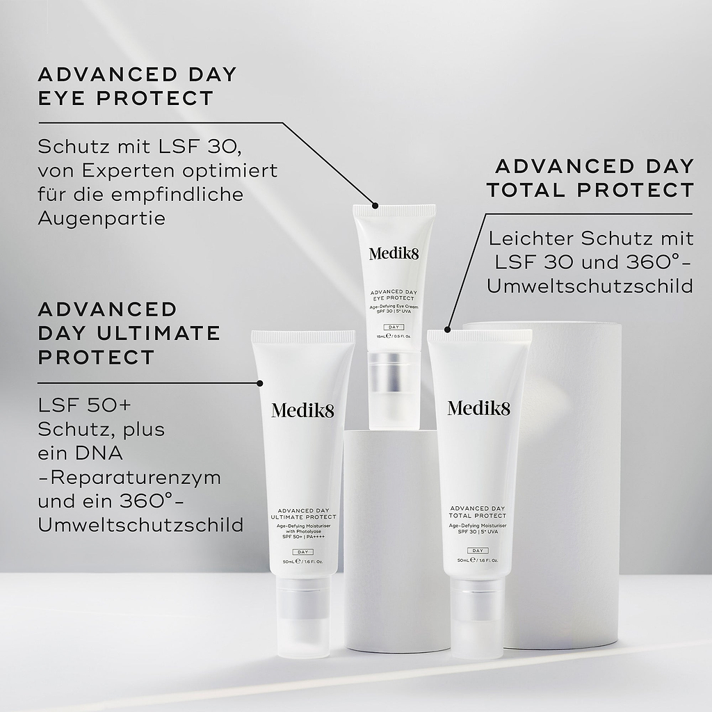 Die Advanced-Day-Schutzprodukte werden mit ihren Beschreibungen gezeigt. Advanced Day Eye Protect (SPF 30) wird für den Augenbereich hervorgehoben, Advanced Day Ultimate Protect (SPF 50+) bietet DNA-Reparatur und Umweltschutz, und Advanced Day Total Protect (leichtes SPF 30) bietet 360° Umweltschutz.