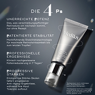 Eine elegante Nahaufnahme einer Tube Medik8 Crystal Retinal 6, die diagonal positioniert ist. Links beschreiben vier Textabschnitte in deutscher Sprache mit Überschriften in Großbuchstaben (UNERREICHTE POTENZ, PATENTIERTE STABILITÄT, PROFESSIONELLE ERGEBNISSE, PROGRESSIVE STÄRKEN) die Eigenschaften und Vorteile des Produkts. Sternchen verweisen auf Fußnoten unten rechts.