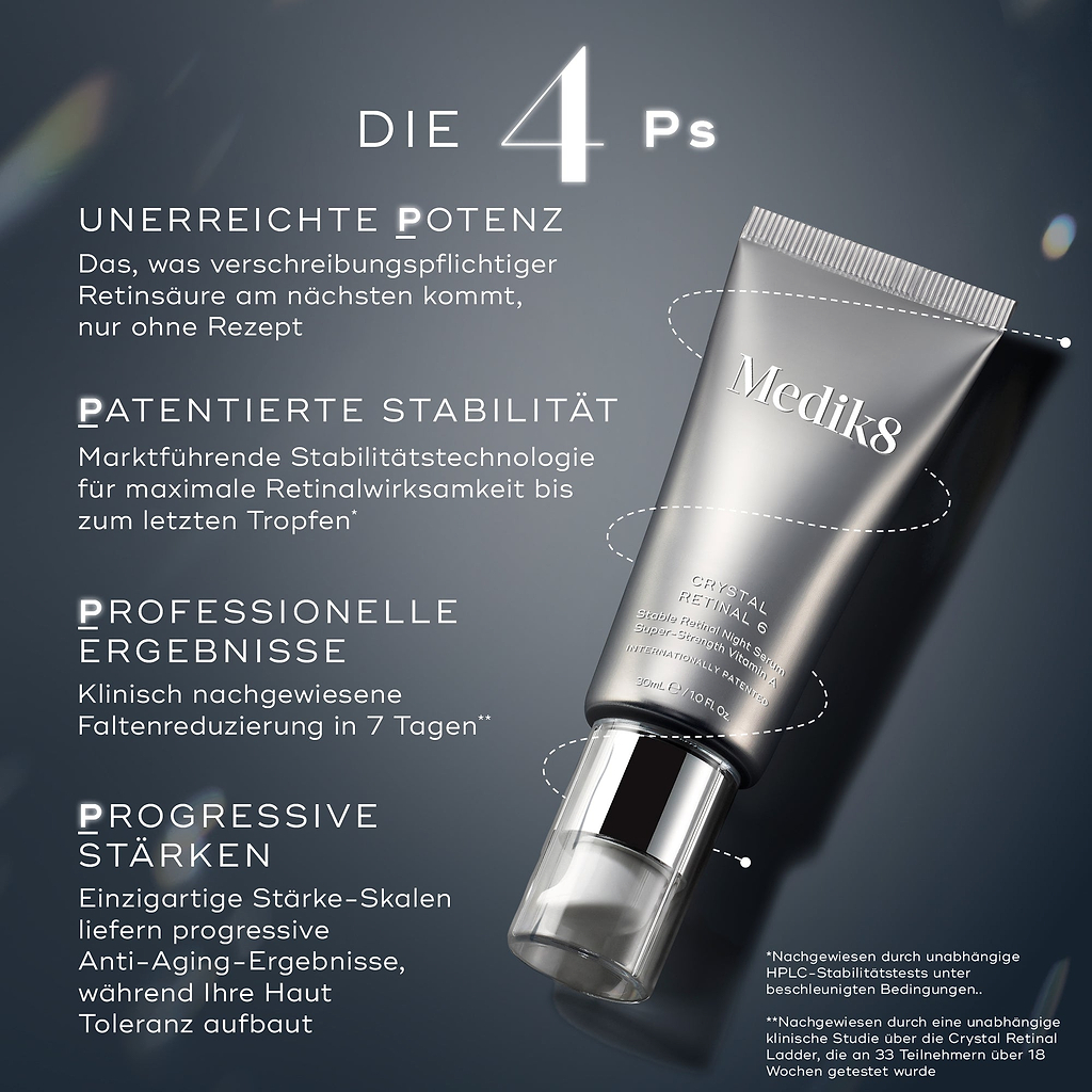 Eine elegante Nahaufnahme einer Tube Medik8 Crystal Retinal 6, die diagonal positioniert ist. Links beschreiben vier Textabschnitte in deutscher Sprache mit Überschriften in Großbuchstaben (UNERREICHTE POTENZ, PATENTIERTE STABILITÄT, PROFESSIONELLE ERGEBNISSE, PROGRESSIVE STÄRKEN) die Eigenschaften und Vorteile des Produkts. Sternchen verweisen auf Fußnoten unten rechts.