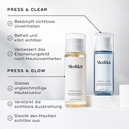 Die Flaschen Medik8 Press & Glow und Press & Clear stehen auf weißen Podesten vor einem sauberen, hellen Hintergrund. Der Text listet die Vorteile von „PRESS & CLEAR“ auf: Bekämpfung sichtbarer Unreinheiten, Entstauung und Klärung. Die Vorteile von „PRESS & GLOW“ umfassen das Glätten ungleichmäßiger Hauttextur, Steigerung des sichtbaren Strahlkrafts und sichtbar gleichmäßigeres Hautbild.