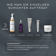Eine Infografik mit dem Titel How To Layer zeigt eine PM-Hautpflege-Routine auf dunklem Hintergrund. Sie zeigt Medik8-Produkte für Reinigung, Targeting, Vitamin A, Augenpflege und Feuchtigkeitspflege mit Advanced Night Restore, einschließlich Expertenhinweisen zur Anwendungsreihenfolge.