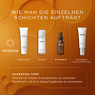 Eine Infografik, die die Schritte der morgendlichen Hautpflege zeigt: Reinigen, Toner, Vitamin C (C-Tetra Luxe) und Sonnenschutzmittel. Ein Tipp am unteren Rand empfiehlt die Kombination mit Vitamin A am Abend für maximale Anti-Aging-Ergebnisse.