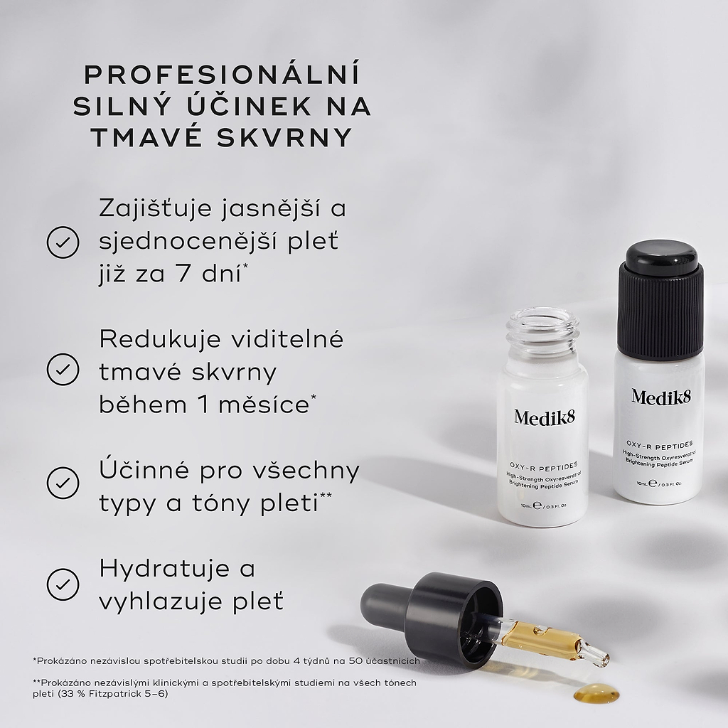 Dvě malé bílé lahvičky séra Oxy-R Peptides jsou vystaveny spolu s kapkami žlutého séra. Text zvýrazňuje „PROFESIONÁLNÍ SILNÝ ÚČINEK NA TMAVÉ SKVRNY“. Uvedené benefity jsou:

Zajišťuje jasnější a sjednocenější pleť už za 7 dní
Zesvětluje viditelné tmavé skvrny během 1 měsíce
Účinné pro všechny typy a tóny pleti
Hydratuje a vyhlazuje pleť