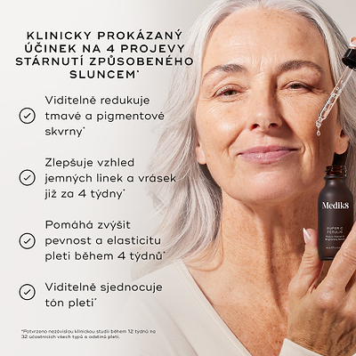 Medik8 Super C Ferulic – klinicky prokázaný účinek na 4 projevy stárnutí pleti způsobeného sluncem.